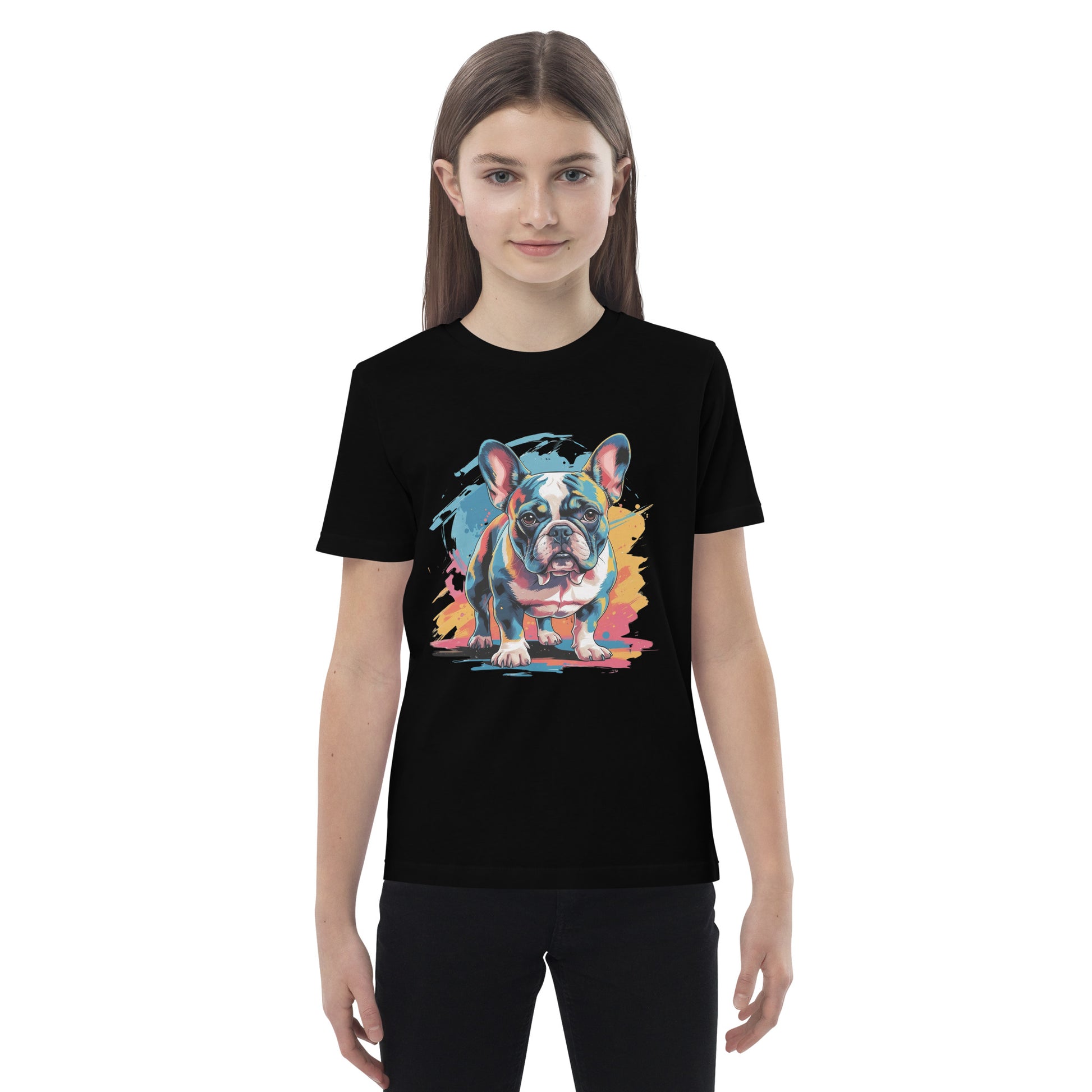 Pet Treasures Studio black T shirt with colourful French bulldog print on a child model French Bulldog Kids Shirt