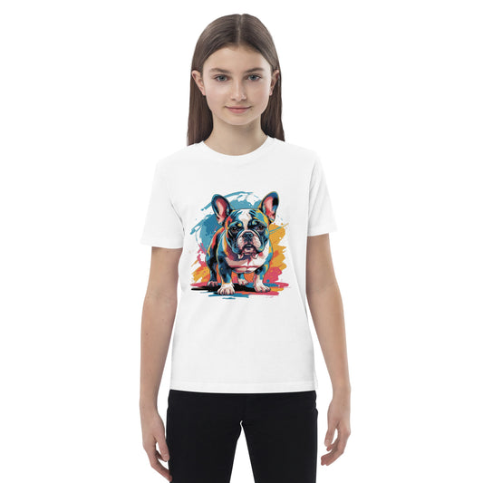 French Bulldog Kids Shirt white short sleeve tee with colourful pop art bulldog print modelled by girl from Pet Treasures Studio