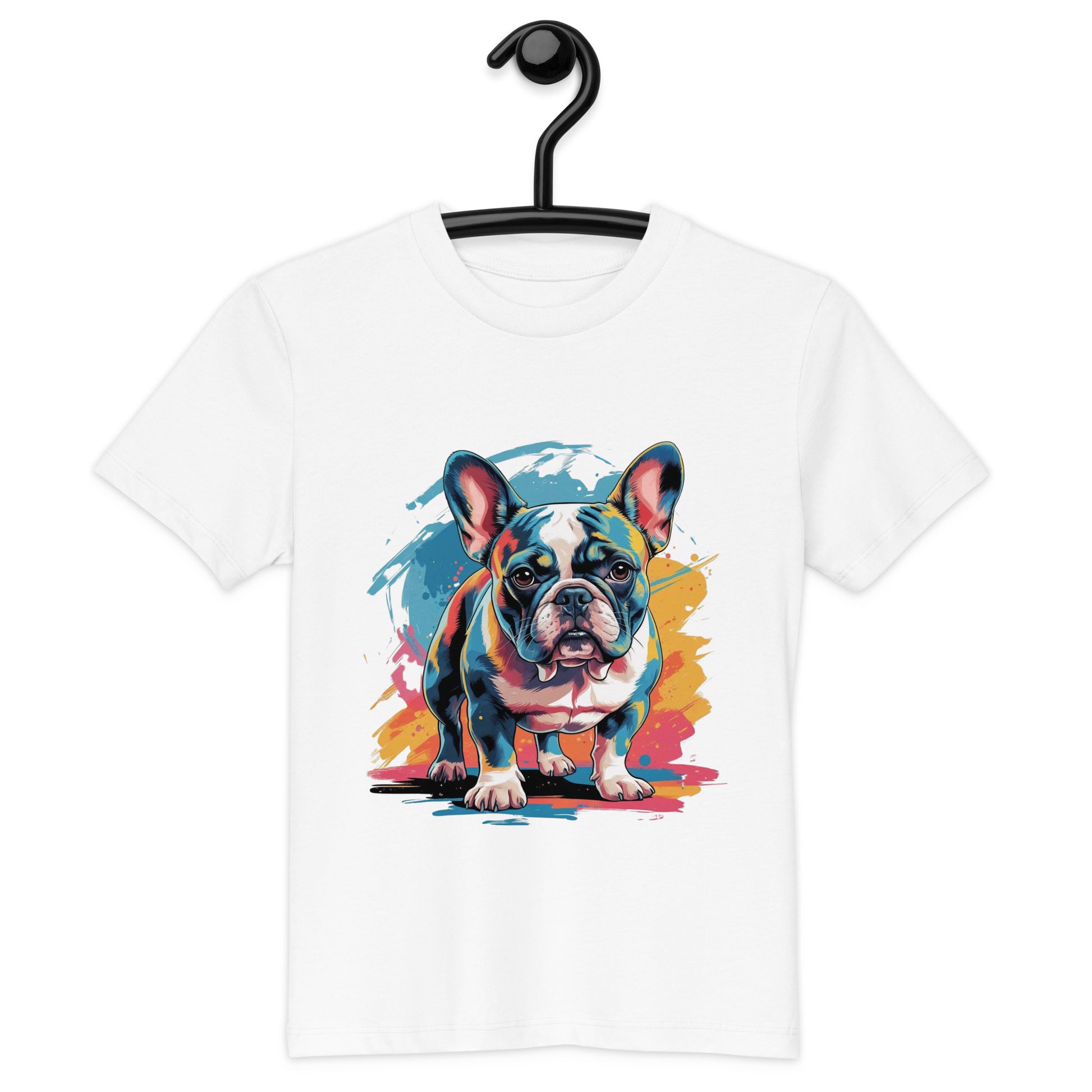 White kids T shirt with colourful pop art French bulldog print on front French Bulldog Kids Shirt by Pet Treasures Studio