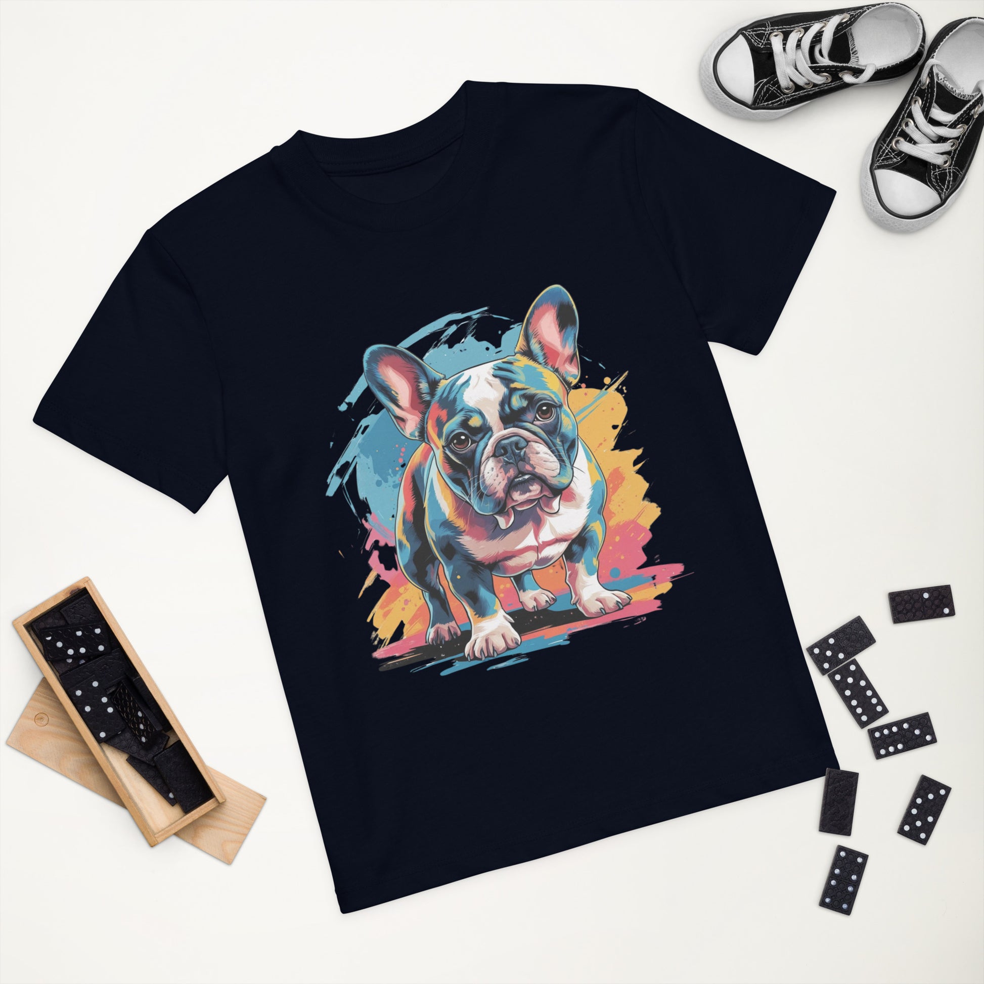 Pet Treasures Studio black kids T shirt featuring colourful French bulldog artwork French Bulldog Kids Shirt