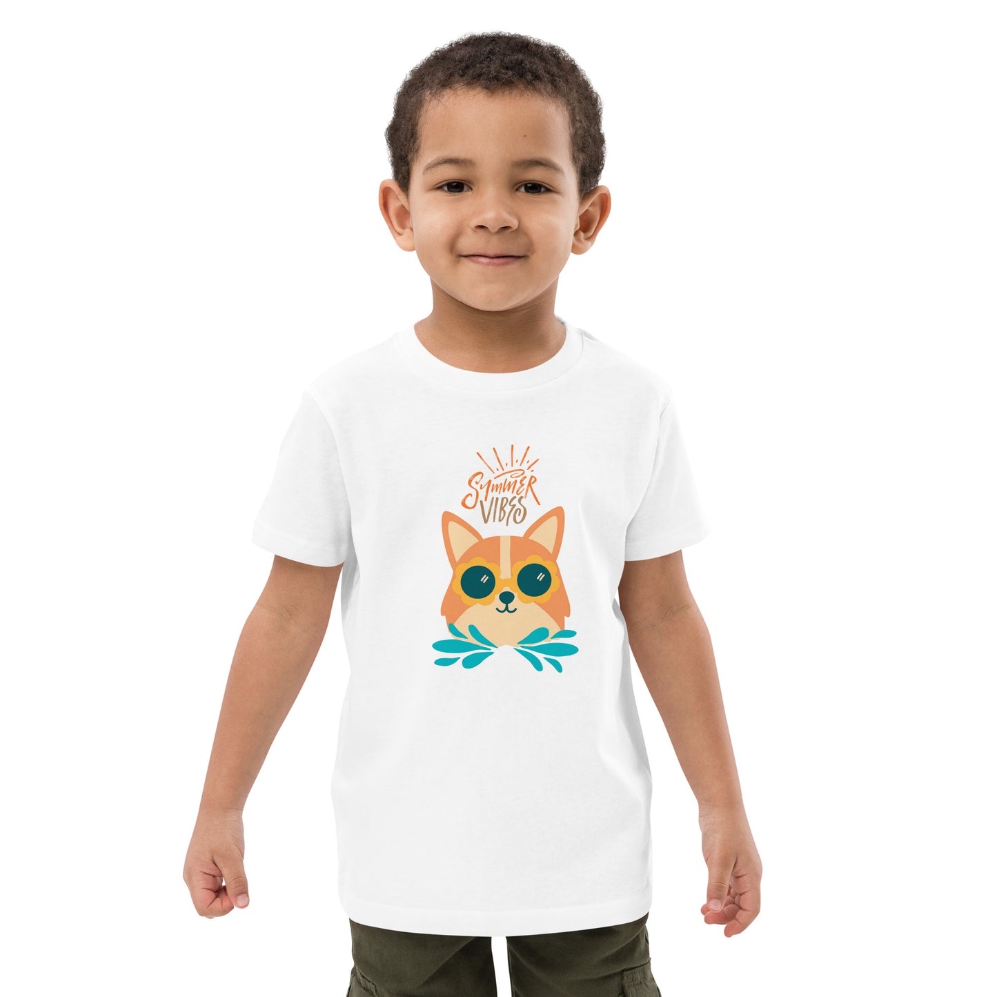Corgi kids t-shirt with summer vibes design worn by child model in white short sleeve tee