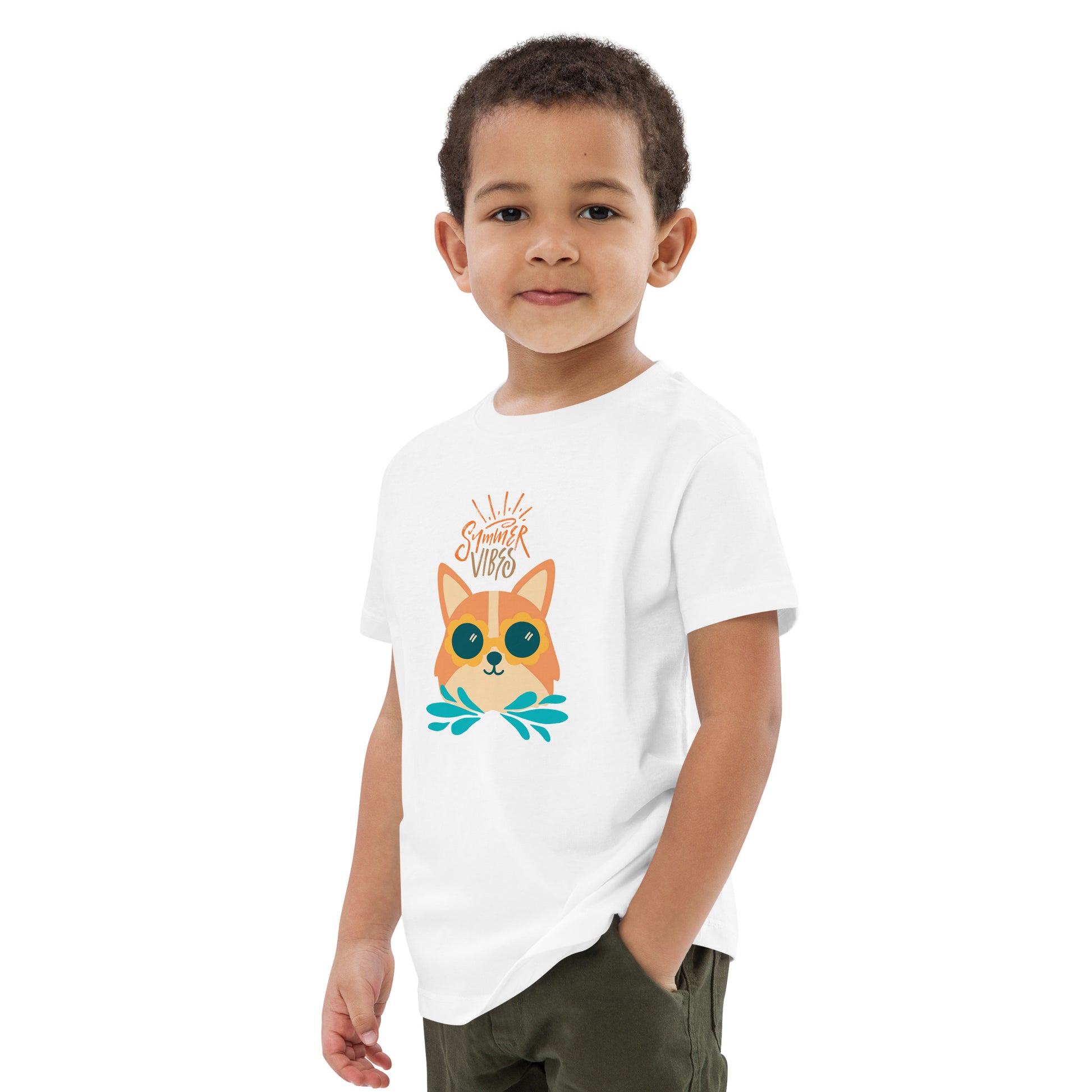 Pet Treasures Studio white corgi kids t-shirt with cute corgi graphic and summer vibes text