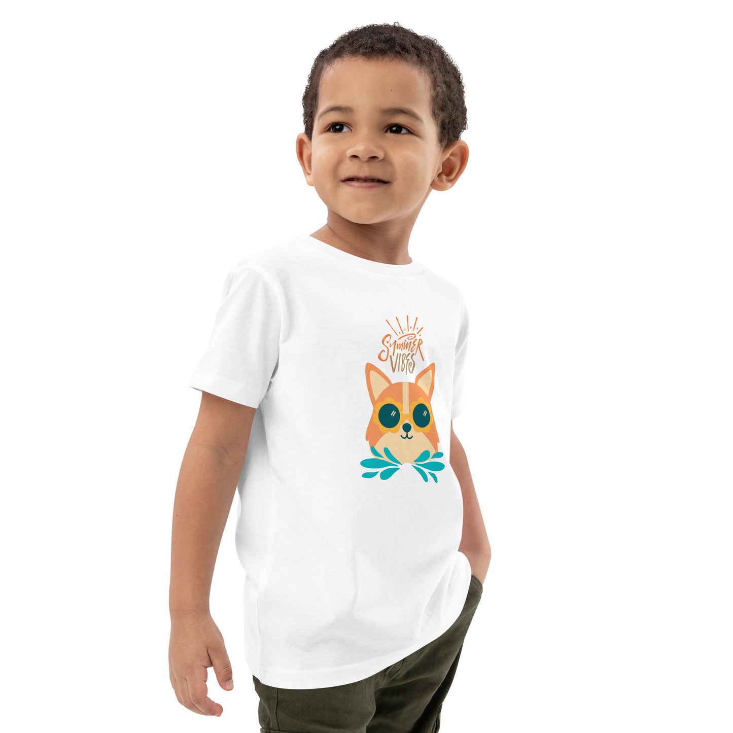 Corgi kids t-shirt from Pet Treasures Studio featuring cute corgi graphic with summer vibes design