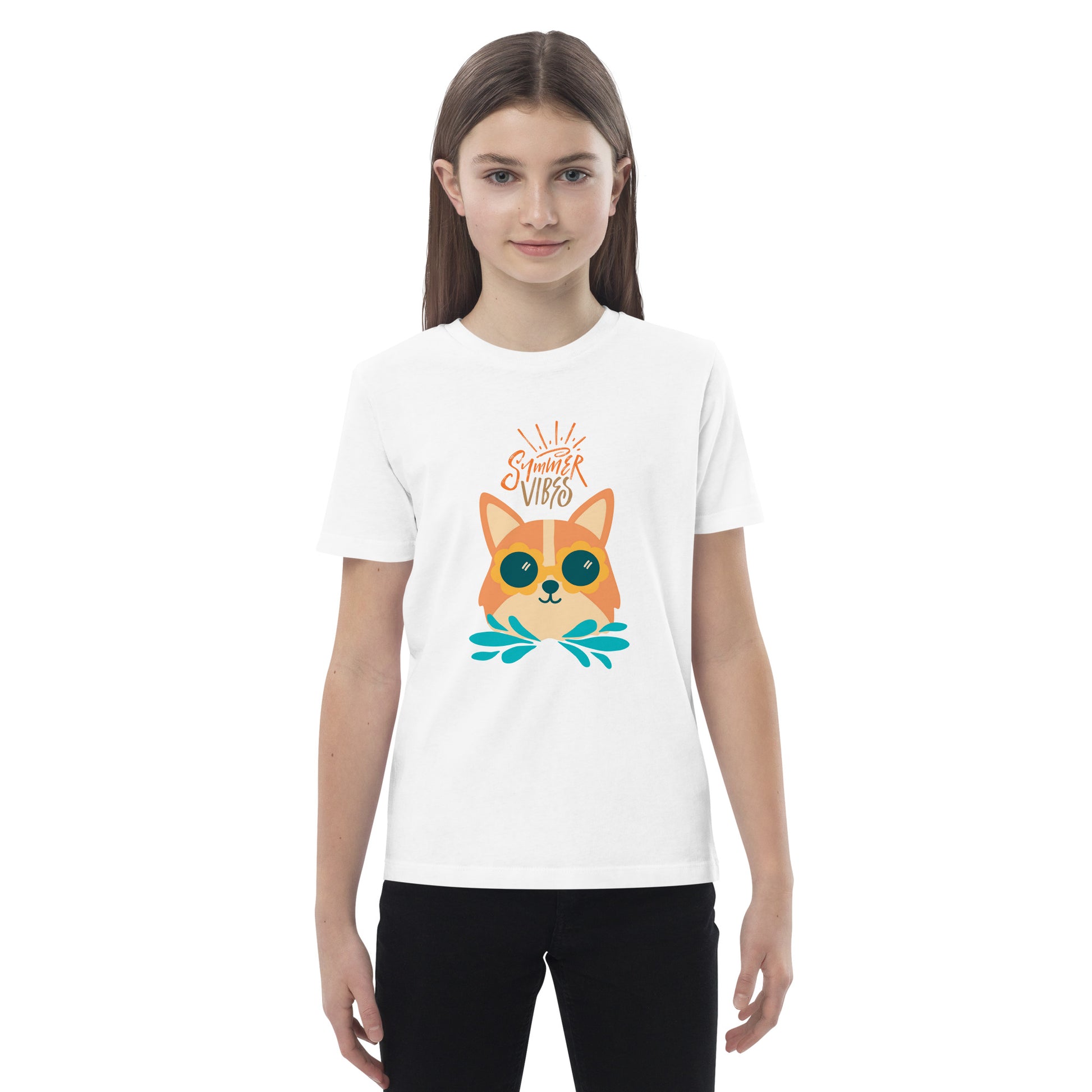 White corgi kids t-shirt with colorful corgi face and summer vibes text worn by child