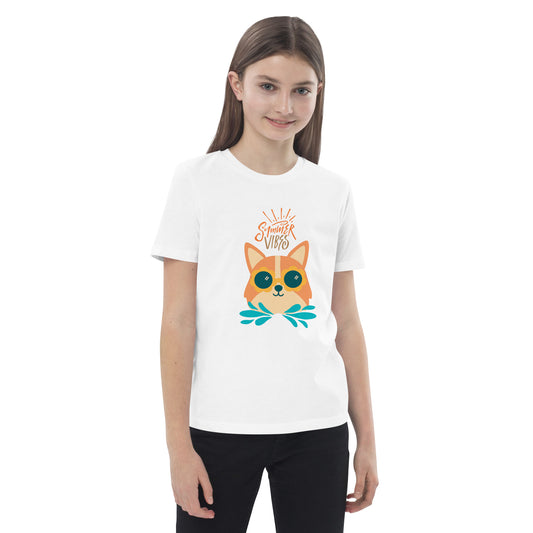 Pet Treasures Studio corgi kids t-shirt with summer vibes graphic worn by girl