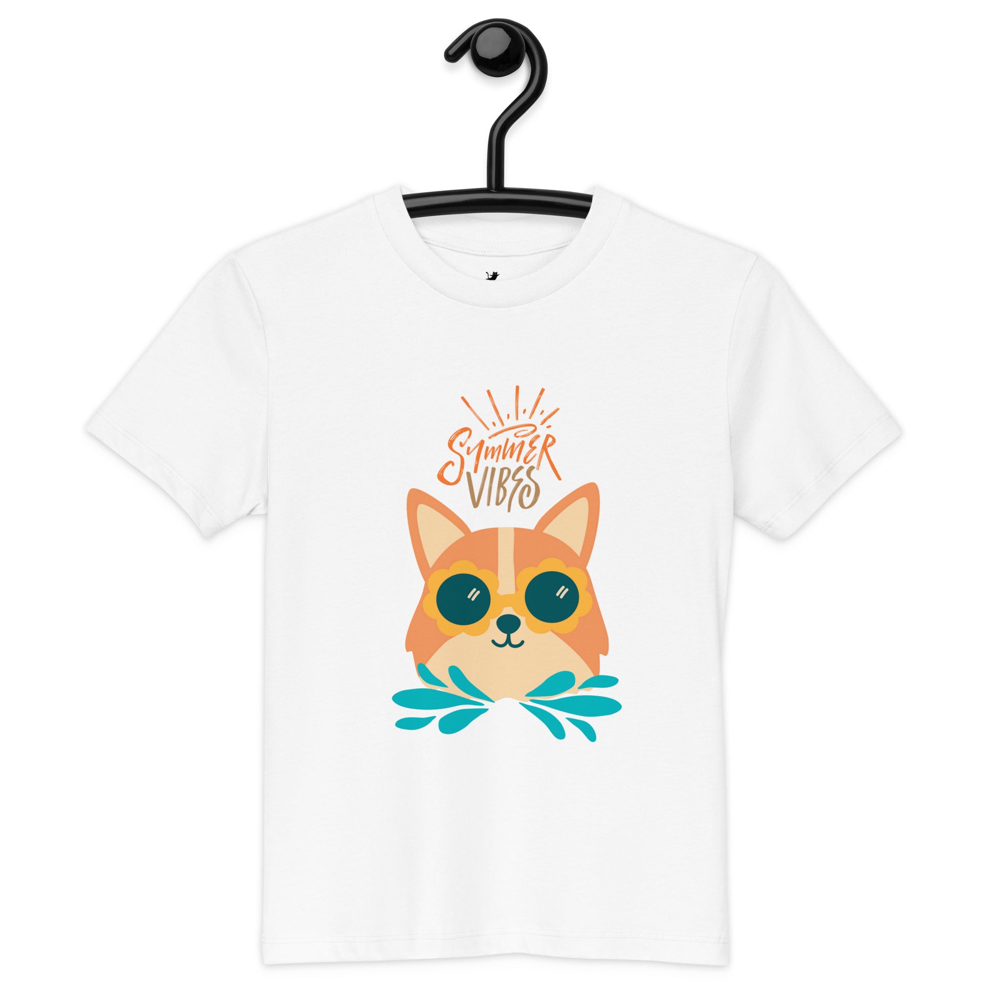 White corgi kids t-shirt with summer vibes graphic and sunglasses design for children