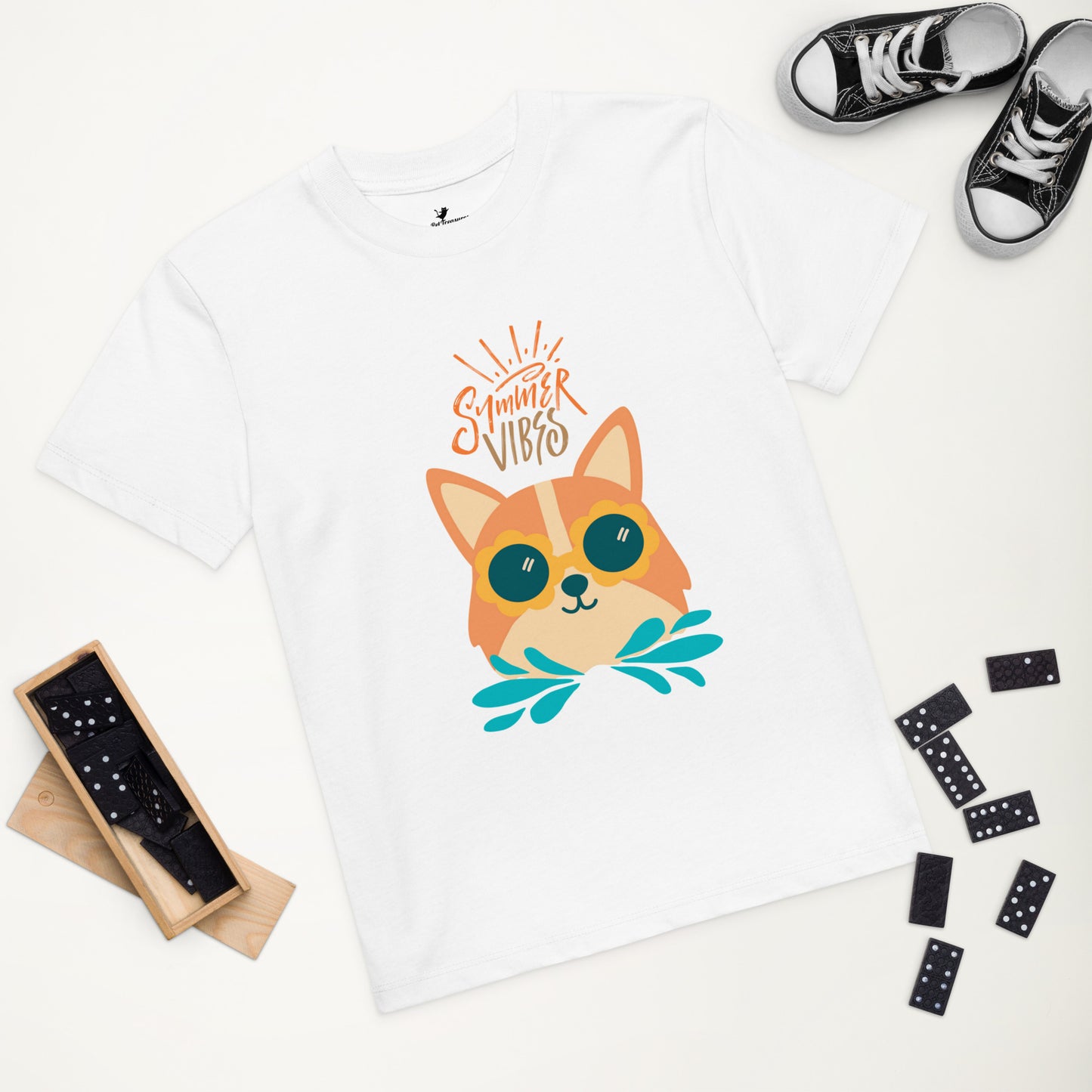White corgi kids t-shirt with summer vibes graphic and sunglasses design from Pet Treasures Studio