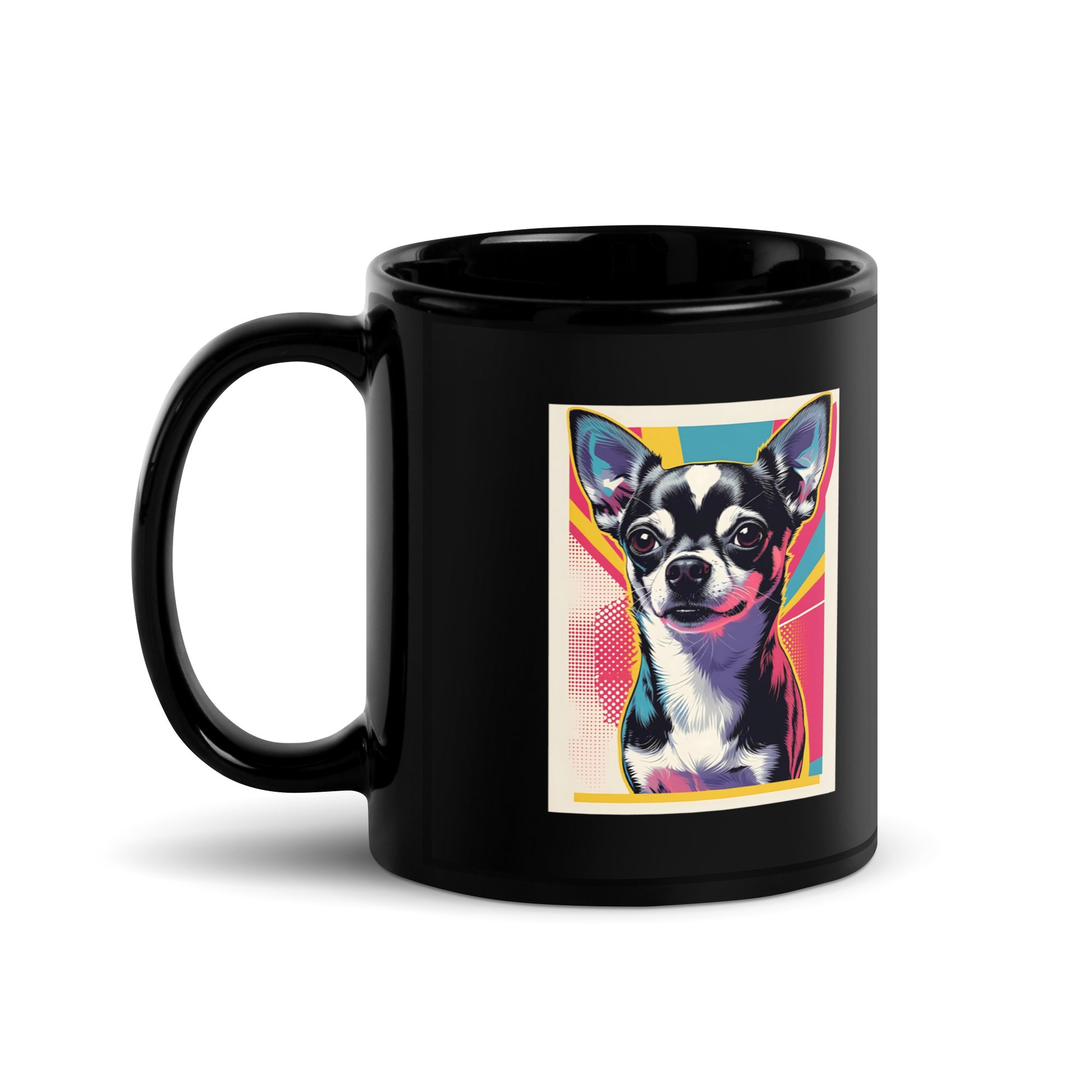 Black ceramic cute chihuahua coffee mug with colorful pop art dog design