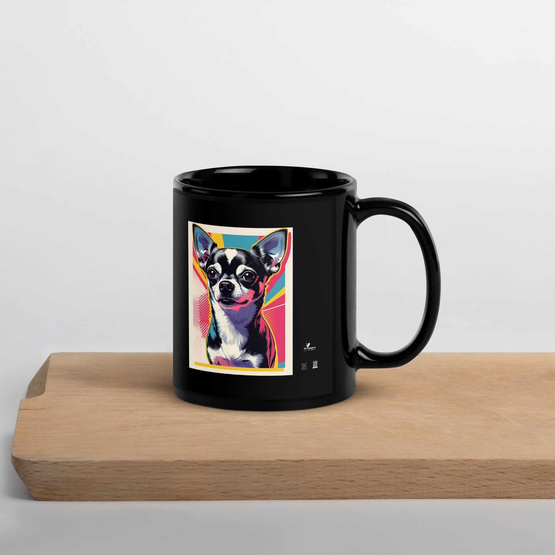 Black cute chihuahua coffee mug with colorful pop art design from Pet Treasures Studio