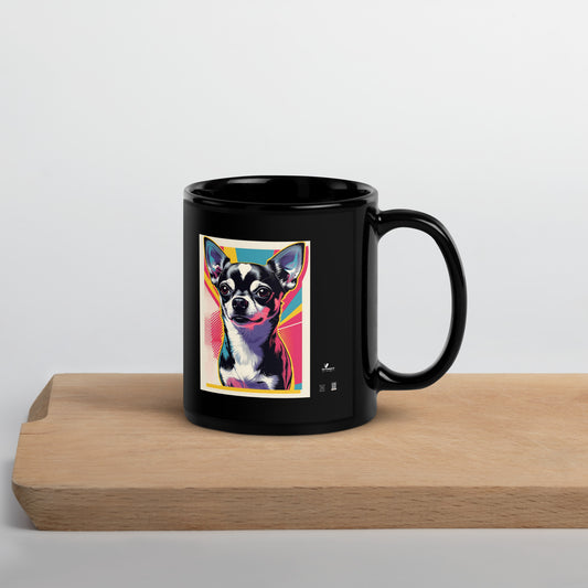 Black cute chihuahua coffee mug with colorful pop art design from Pet Treasures Studio