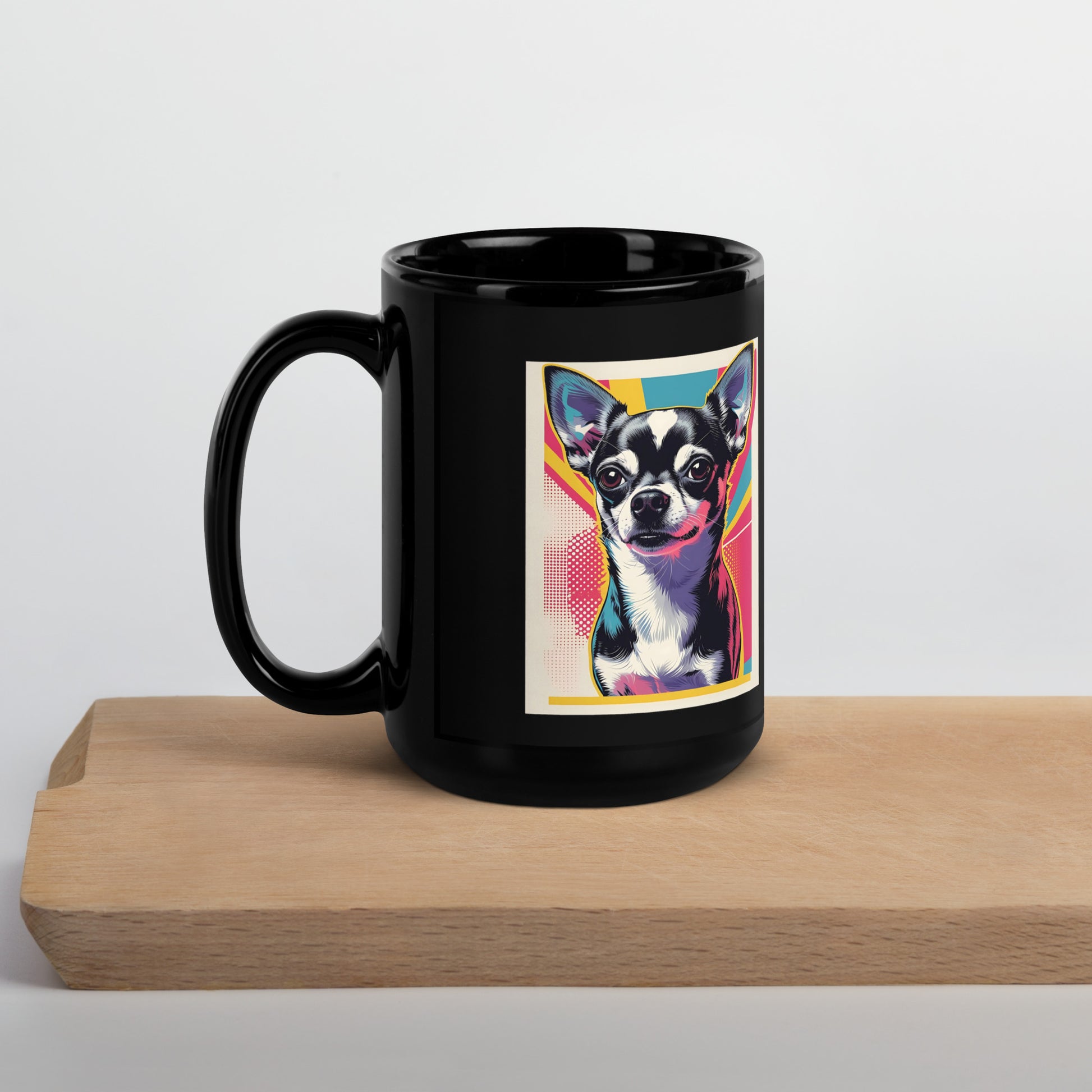 Black caneca featuring a colorful pop art design of a cute chihuahua coffee mug by Pet Treasures Studio