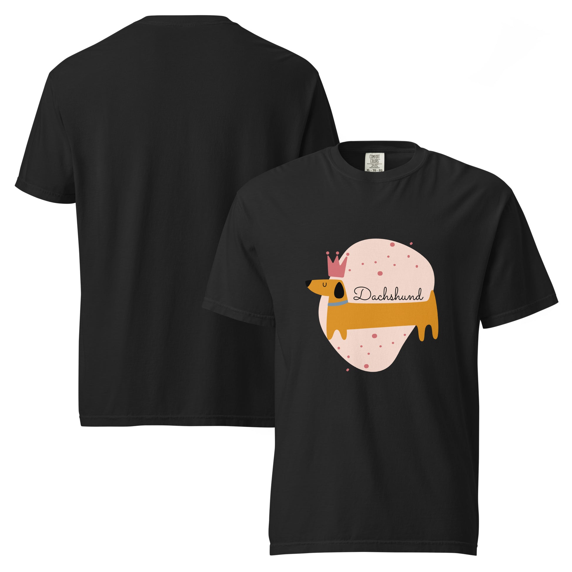 Black dachshund graphic t-shirt with cute dog illustration and pink crown by Pet Treasures Studio