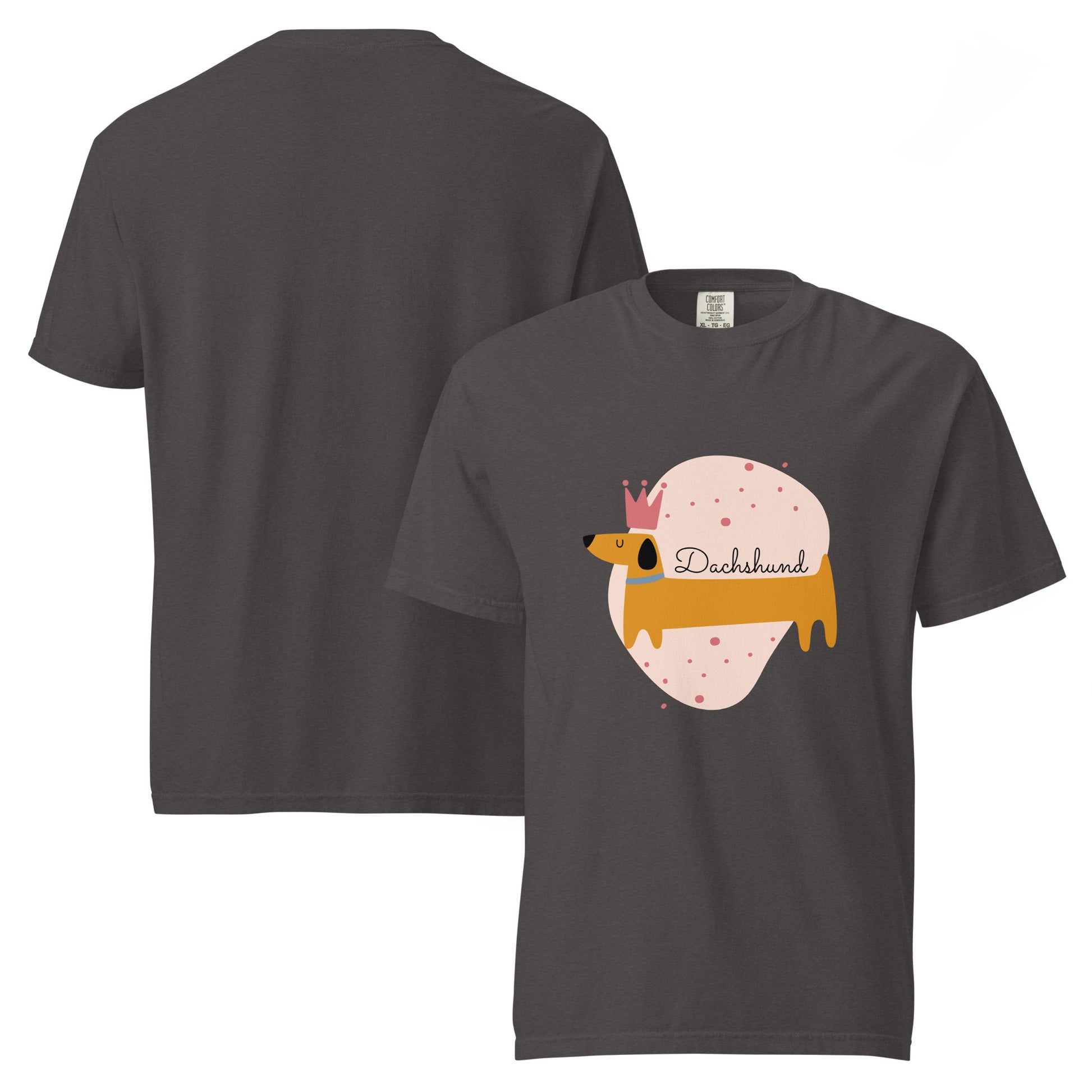 Pet Treasures Studio dachshund graphic t-shirt in dark gray with cartoon dachshund wearing a crown