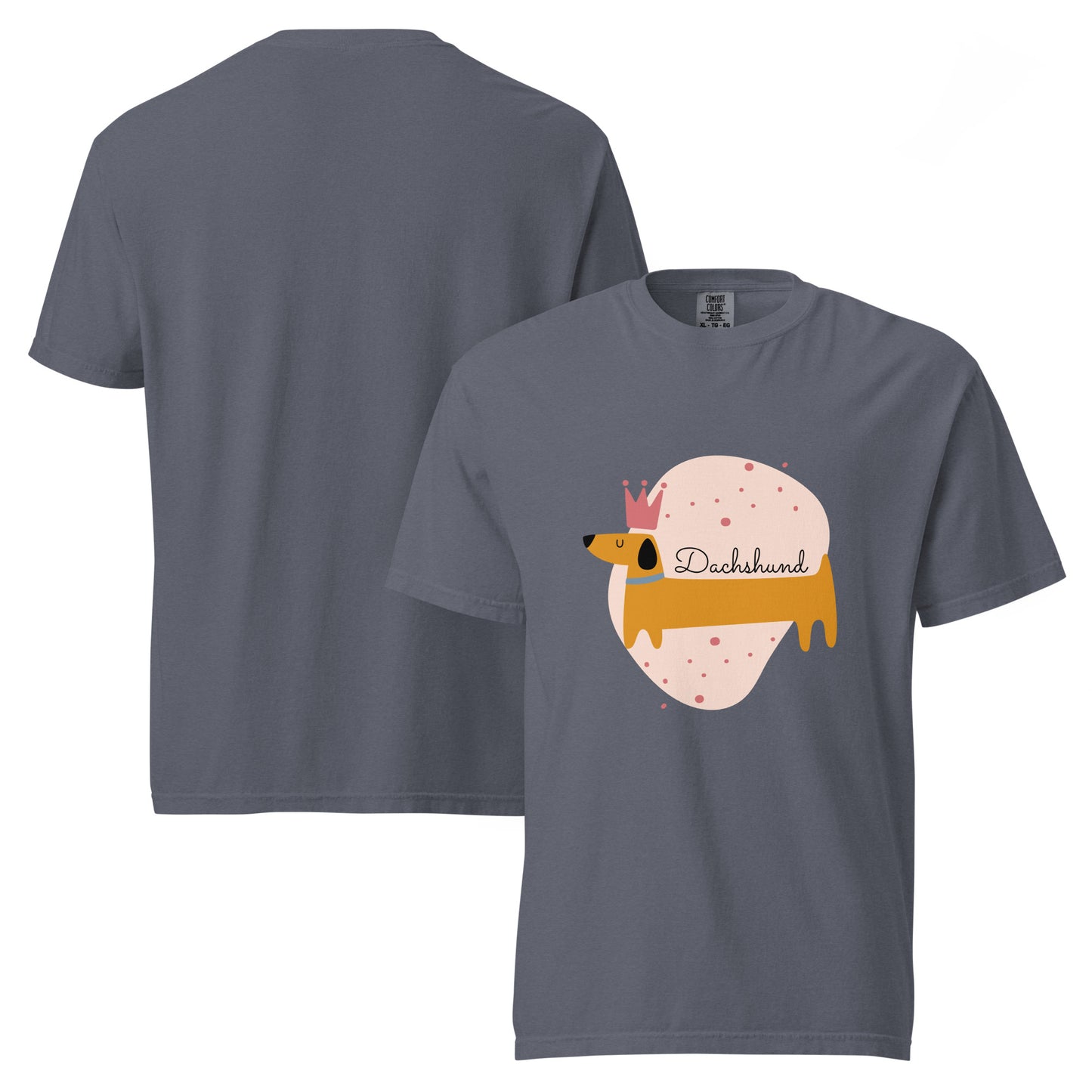 Gray dachshund graphic t-shirt with cute dog illustration and crown from Pet Treasures Studio