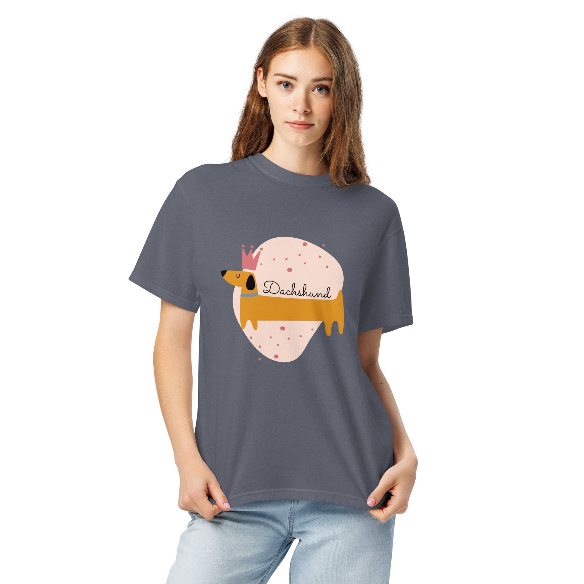 Pet Treasures Studio gray dachshund graphic t-shirt with cartoon dog and crown design