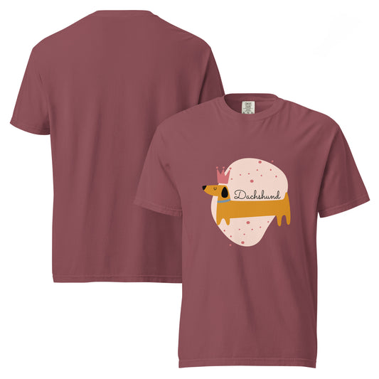 Pet Treasures Studio dachshund graphic t-shirt in maroon with cute dachshund illustration and crown design