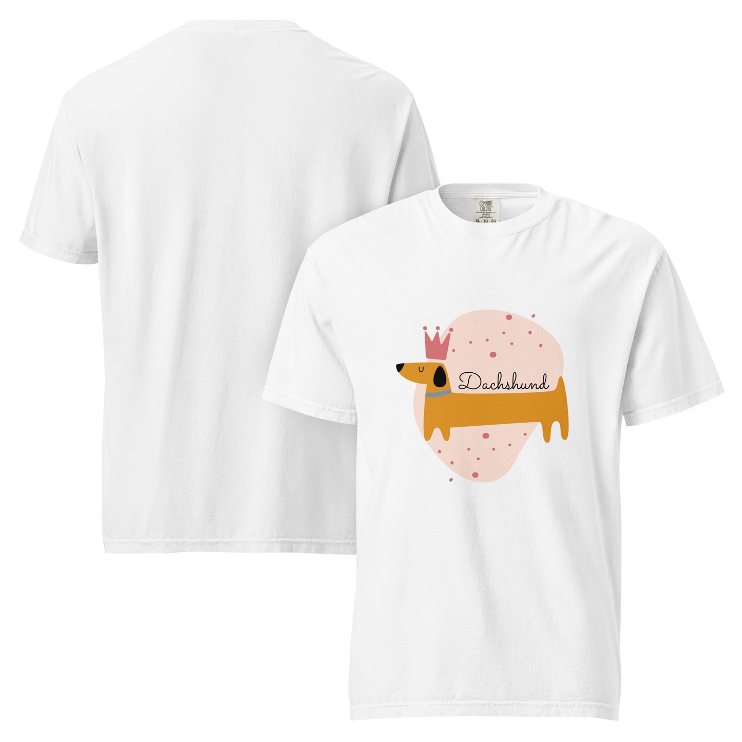 White dachshund graphic t-shirt by Pet Treasures Studio featuring a cute dachshund with a pink crown design