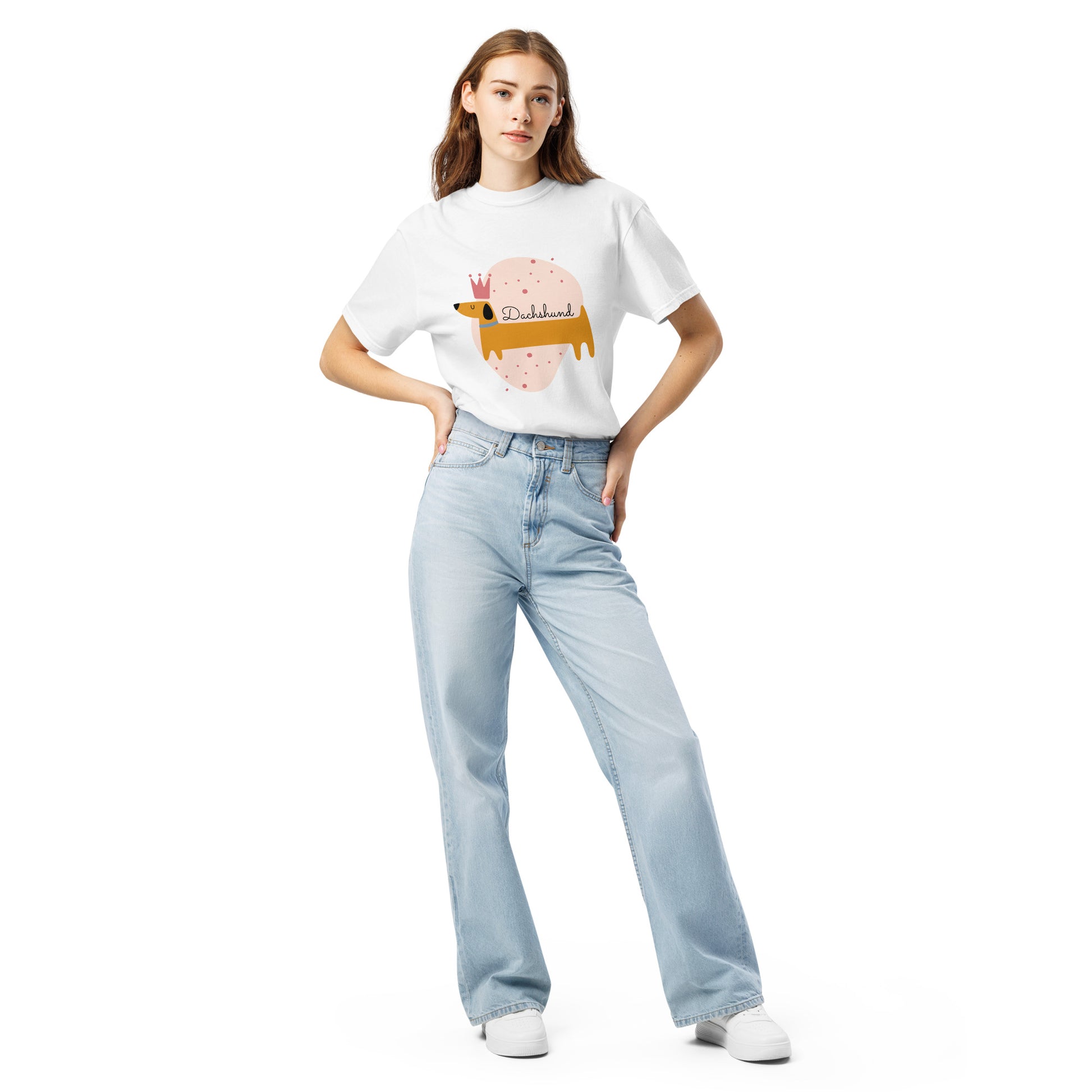 Pet Treasures Studio dachshund graphic t-shirt worn by model with high-waisted light blue jeans