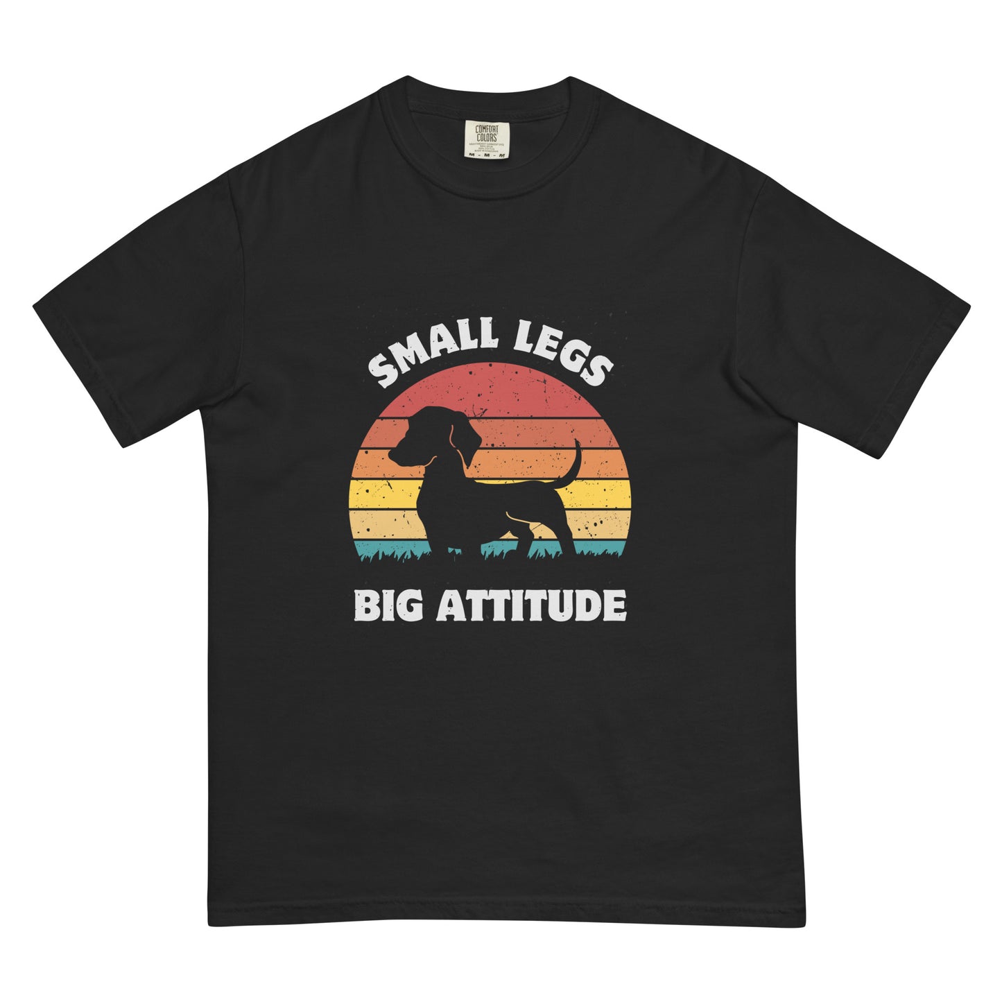 Pet Treasures Studio black T shirt with retro sunset dachshund design and text small legs big attitude dachshund shirt