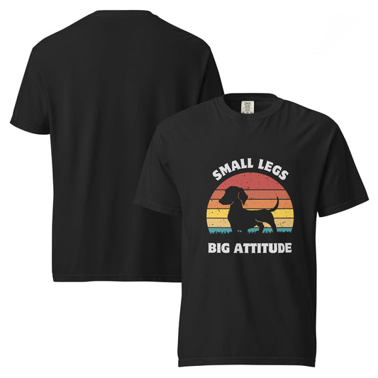 Pet Treasures Studio black T shirt with retro sunset dachshund silhouette and text small legs big attitude dachshund shirt