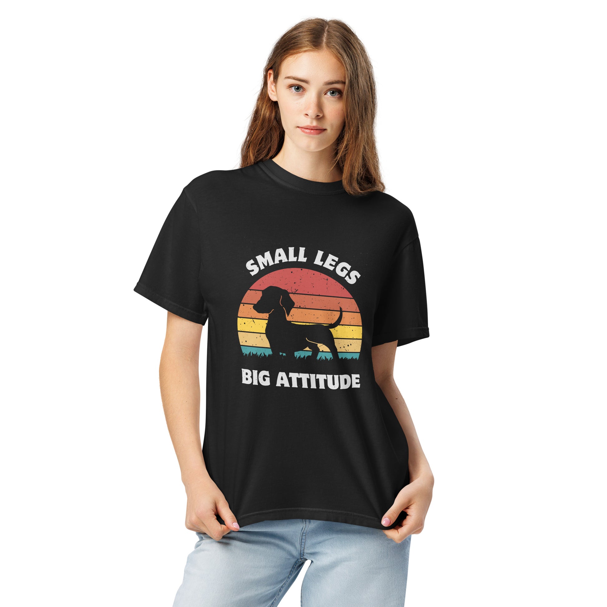 Pet Treasures Studio black t shirt with dachshund silhouette retro sunset graphic and small legs big attitude dachshund shirt