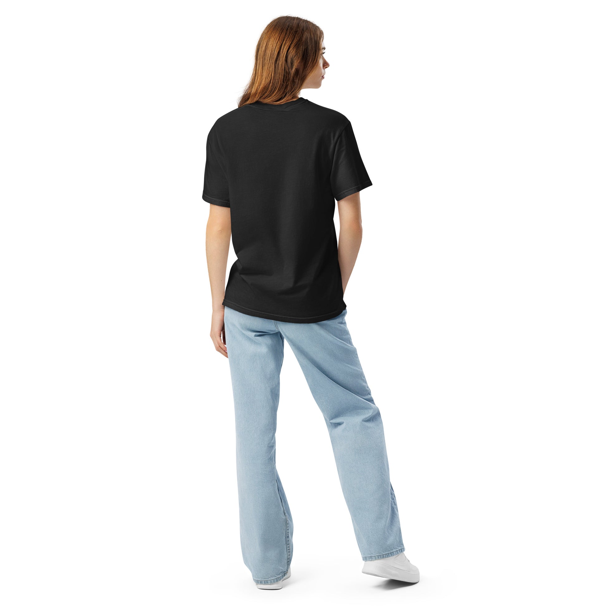 Pet Treasures Studio black T shirt back view on model with jeans and trainers for small legs big attitude dachshund shirt