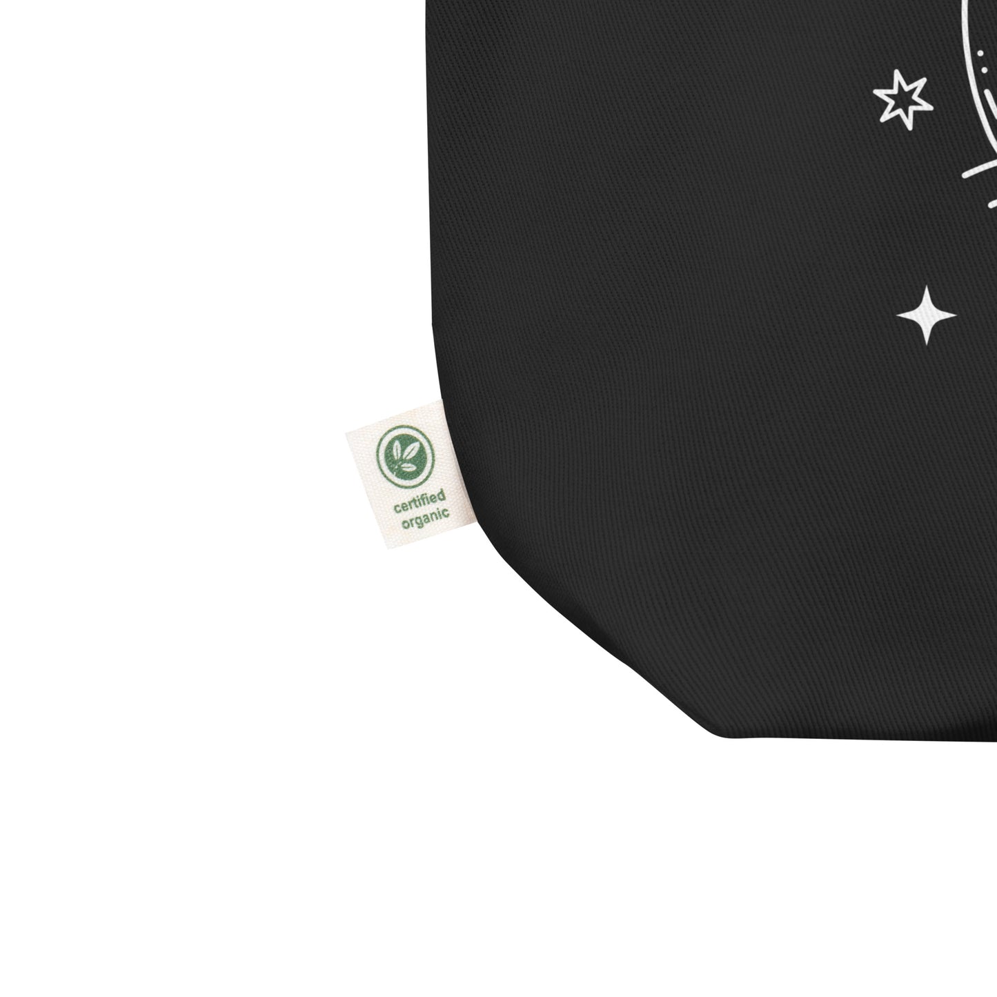 Close-up of black eco-friendly cat shopper bag with certified organic tag by Pet Treasures Studio