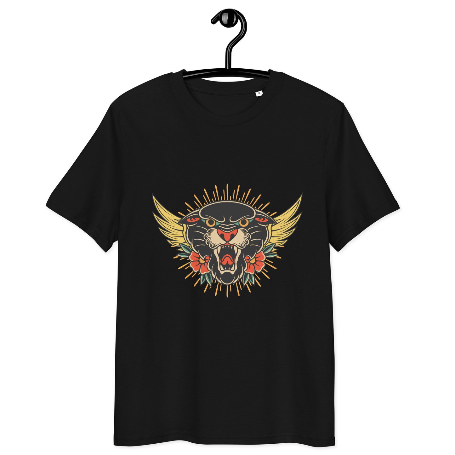 Pet Treasures Studio black t shirt with roaring wild cat head with wings and flowers wild cat organic cotton t-shirt