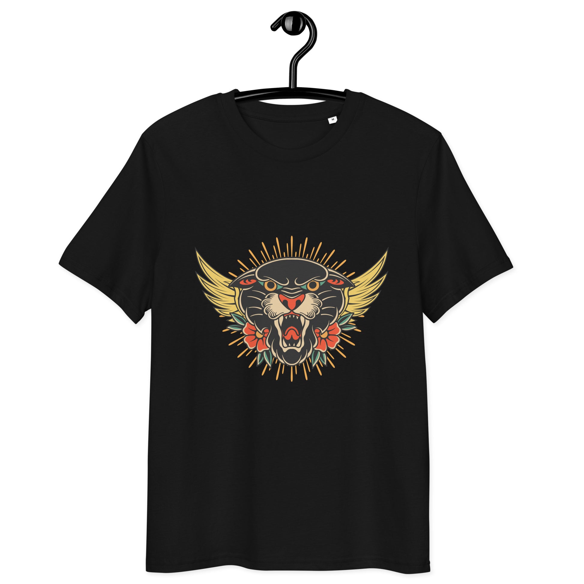 Pet Treasures Studio black t shirt with roaring wild cat head with wings and flowers wild cat organic cotton t-shirt
