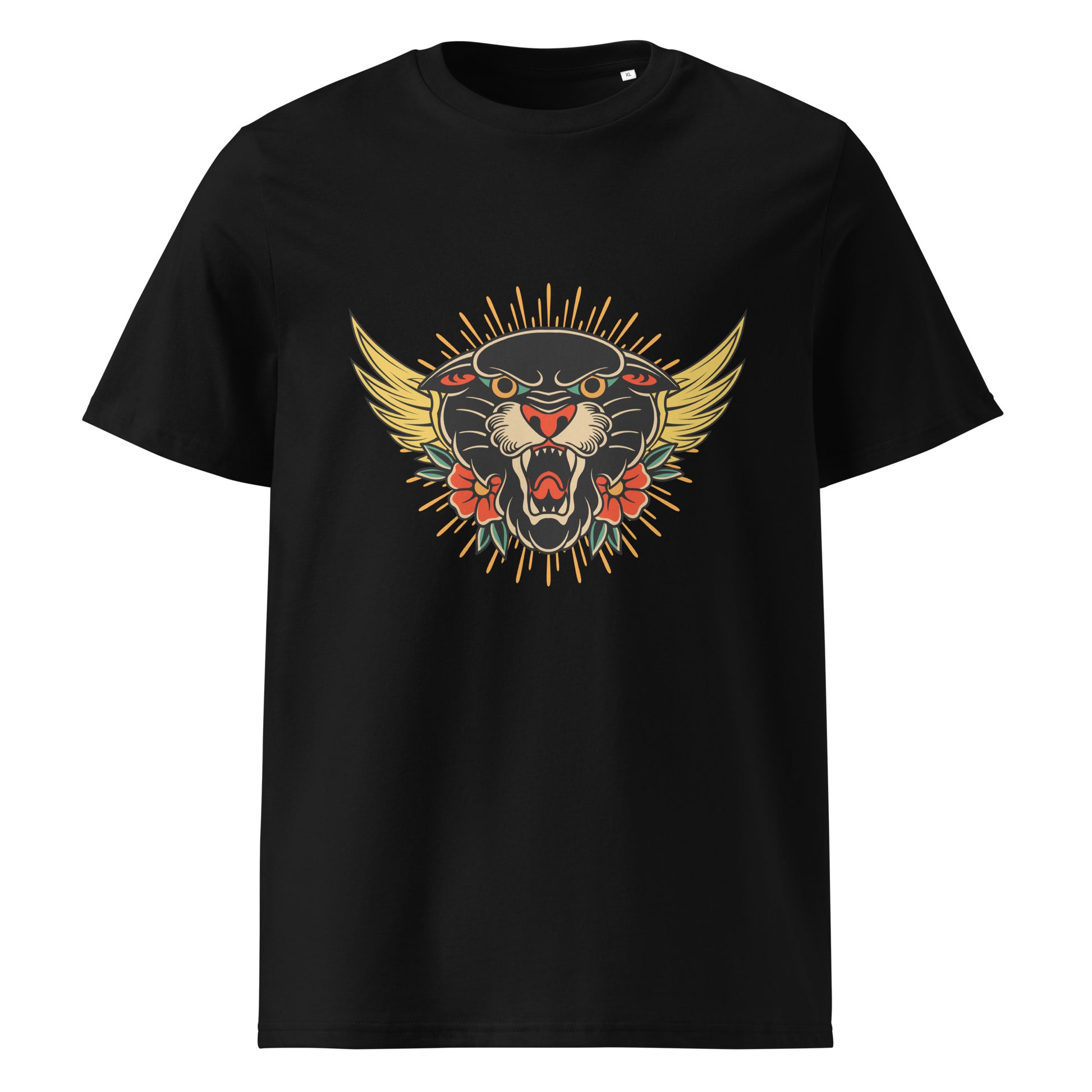 Pet Treasures Studio black T shirt with winged roaring panther and red flowers wild cat organic cotton t-shirt