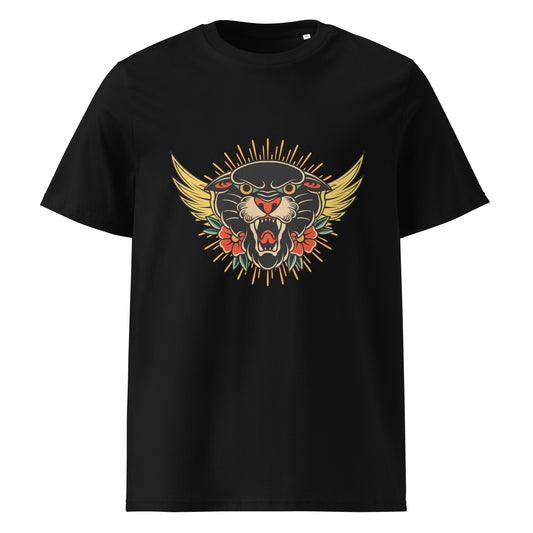 Pet Treasures Studio black T shirt with winged roaring panther and red flowers wild cat organic cotton t-shirt