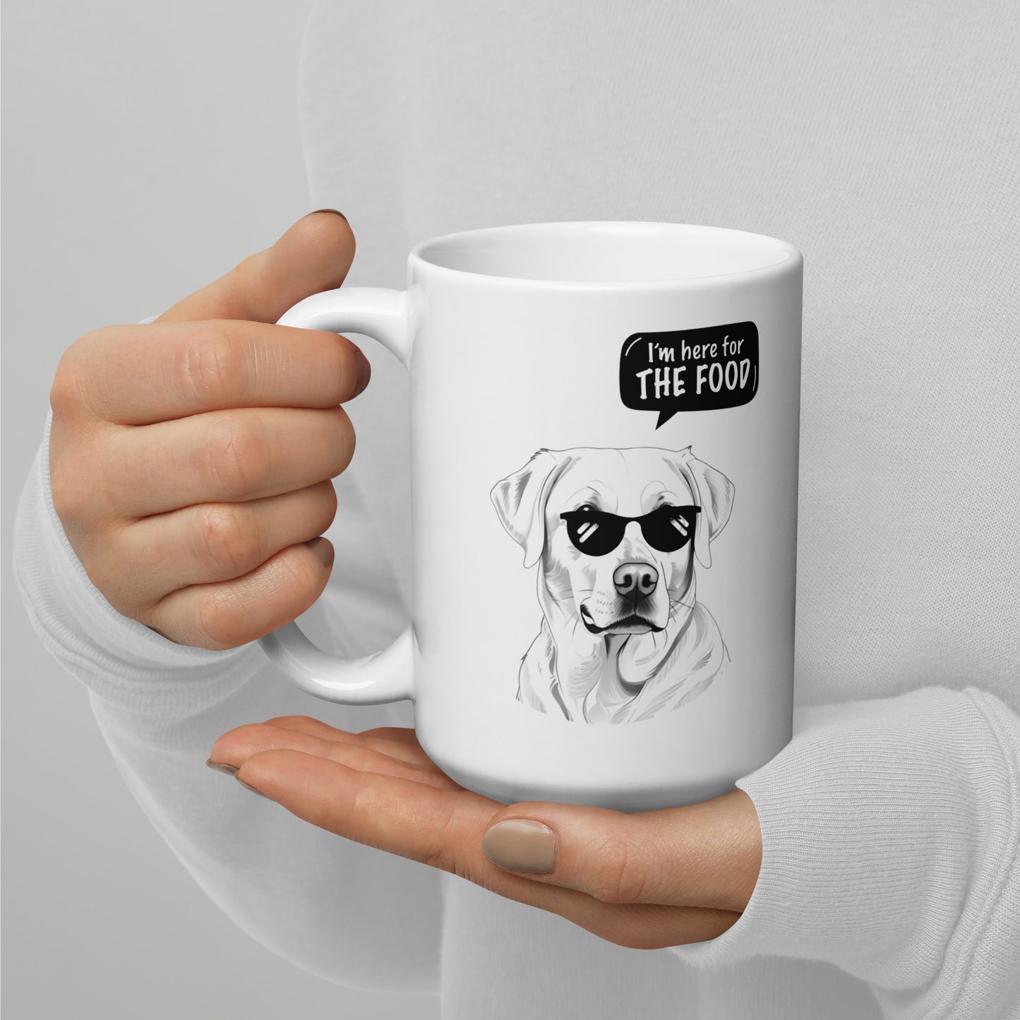 Funny labrador mug with sunglasses and text I’m here for the food on white ceramic mug