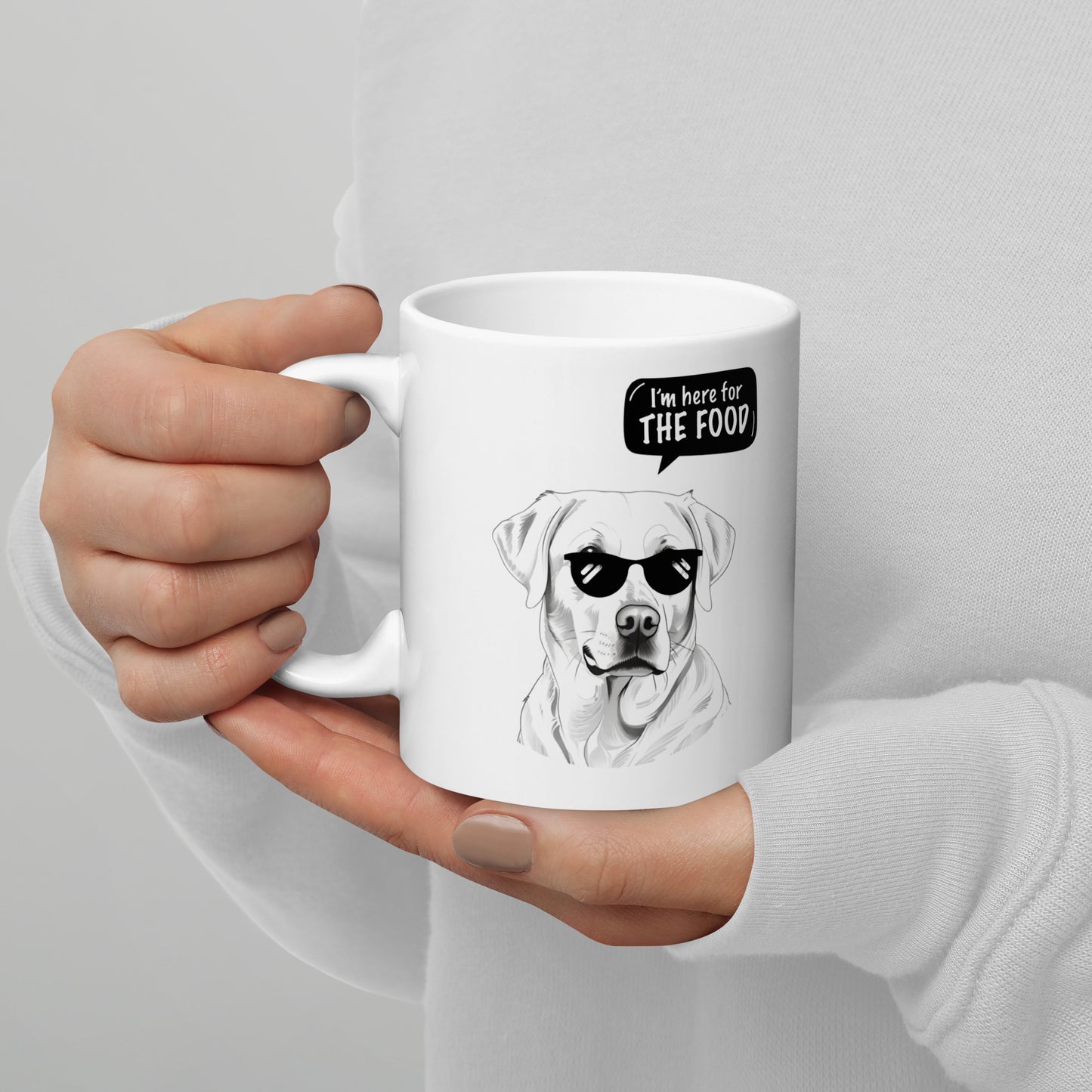 Funny labrador mug with a black and white labrador wearing sunglasses and food quote