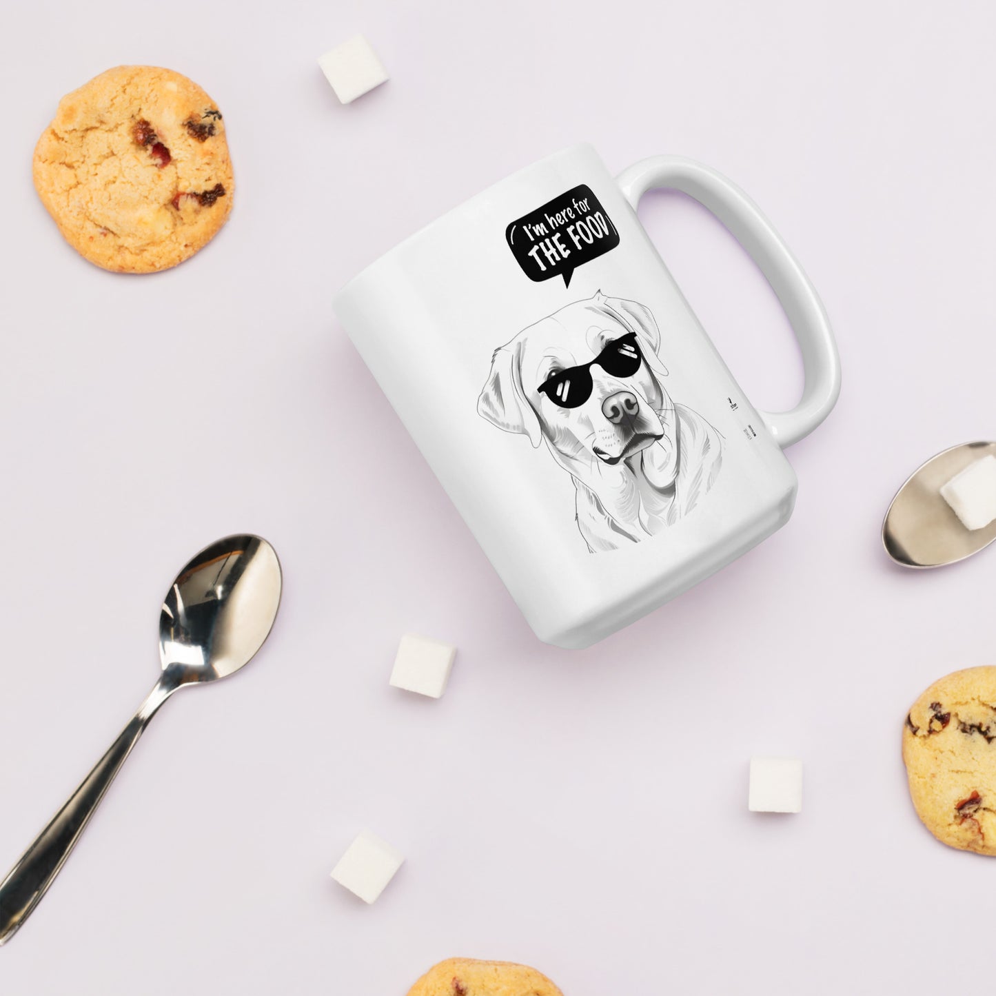 White funny labrador mug with dog wearing sunglasses and text here for the food by Pet Treasures Studio