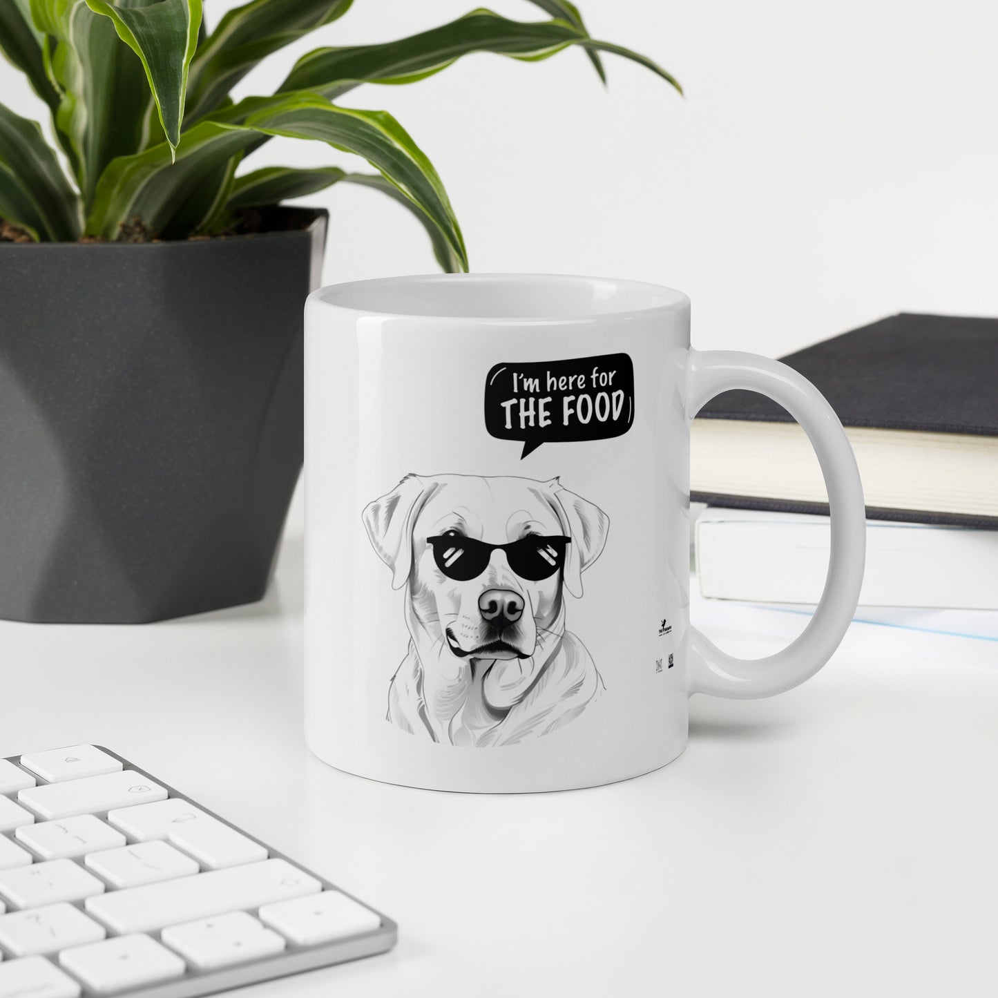 Funny labrador mug with dog wearing sunglasses and food quote from Pet Treasures Studio