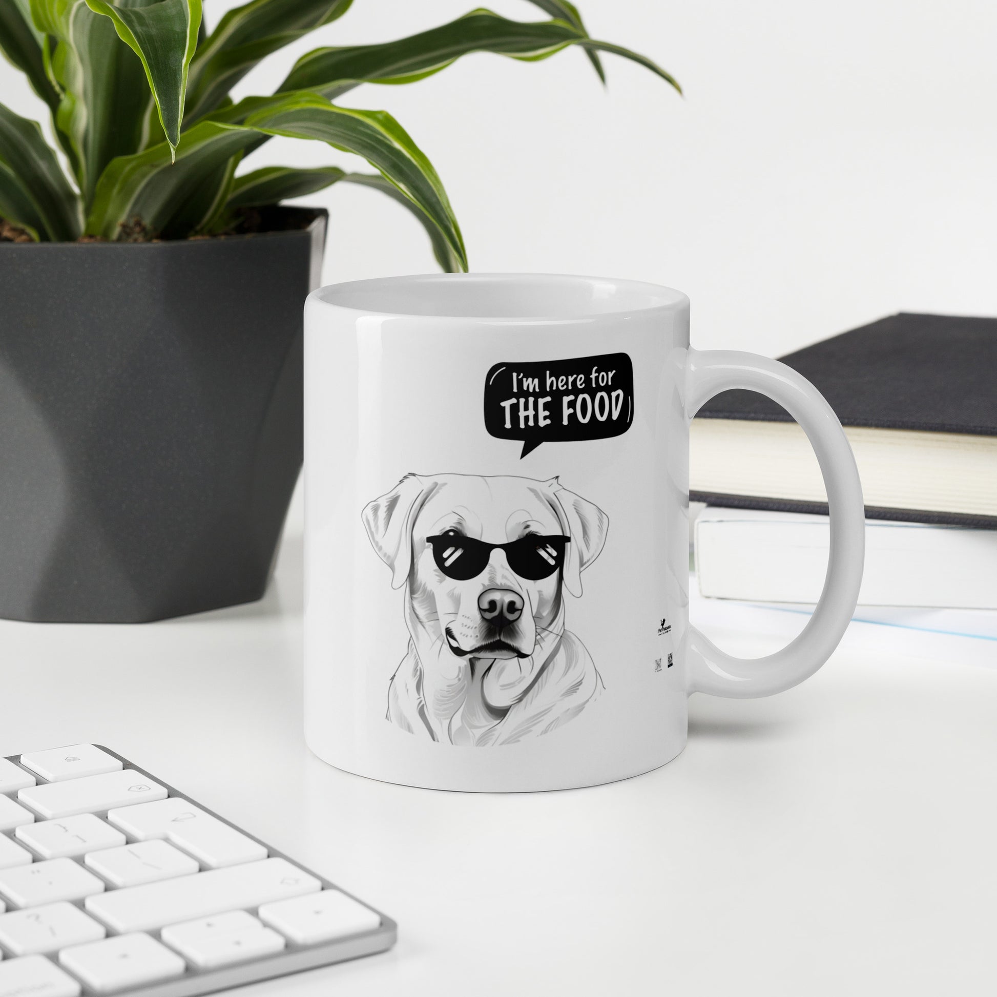 Funny labrador mug with dog wearing sunglasses and food quote from Pet Treasures Studio