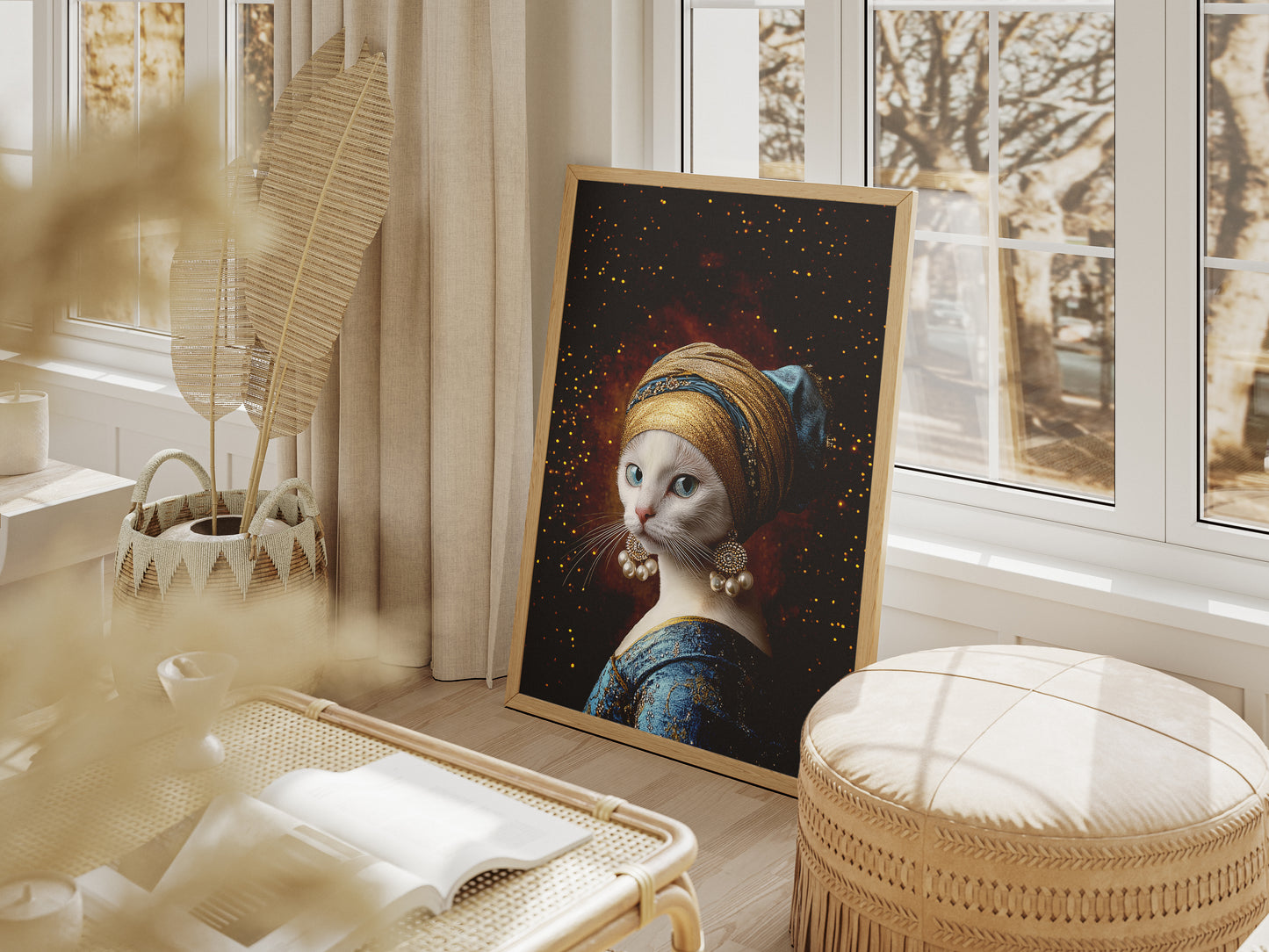 Premium Camp-Art Wall Decor: Mysterious White Cat as Girl with a Pearl Earring