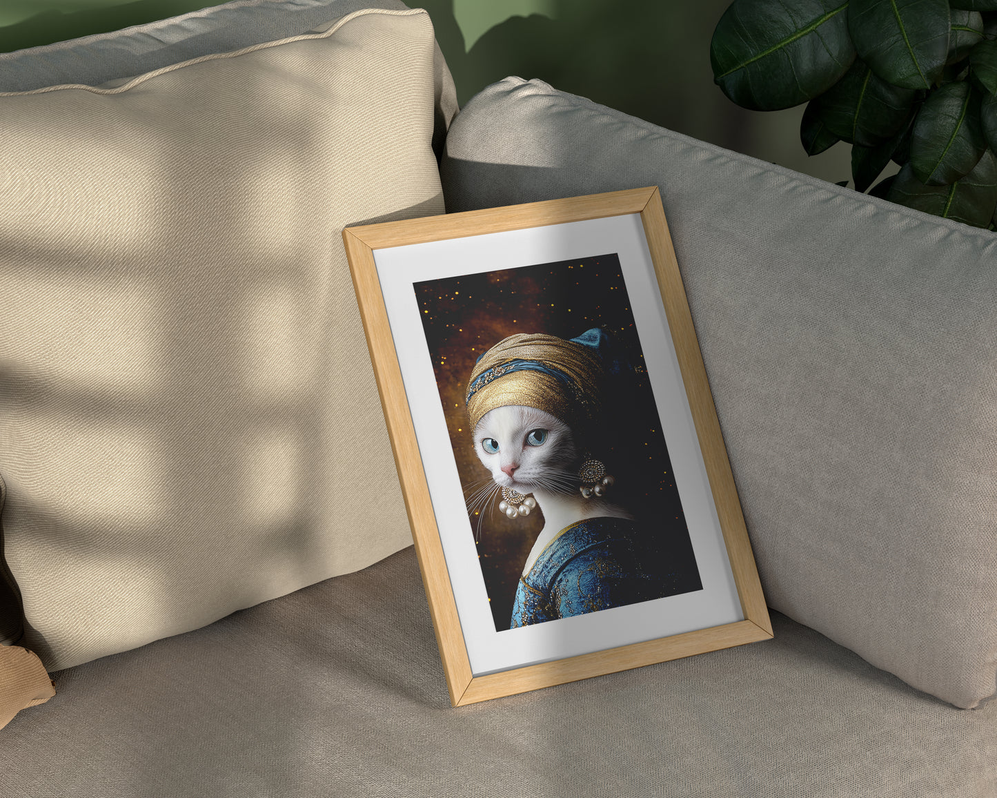 Premium Camp-Art Wall Decor: Mysterious White Cat as Girl with a Pearl Earring