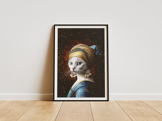 Premium Camp-Art Wall Decor: Mysterious White Cat as Girl with a Pearl Earring