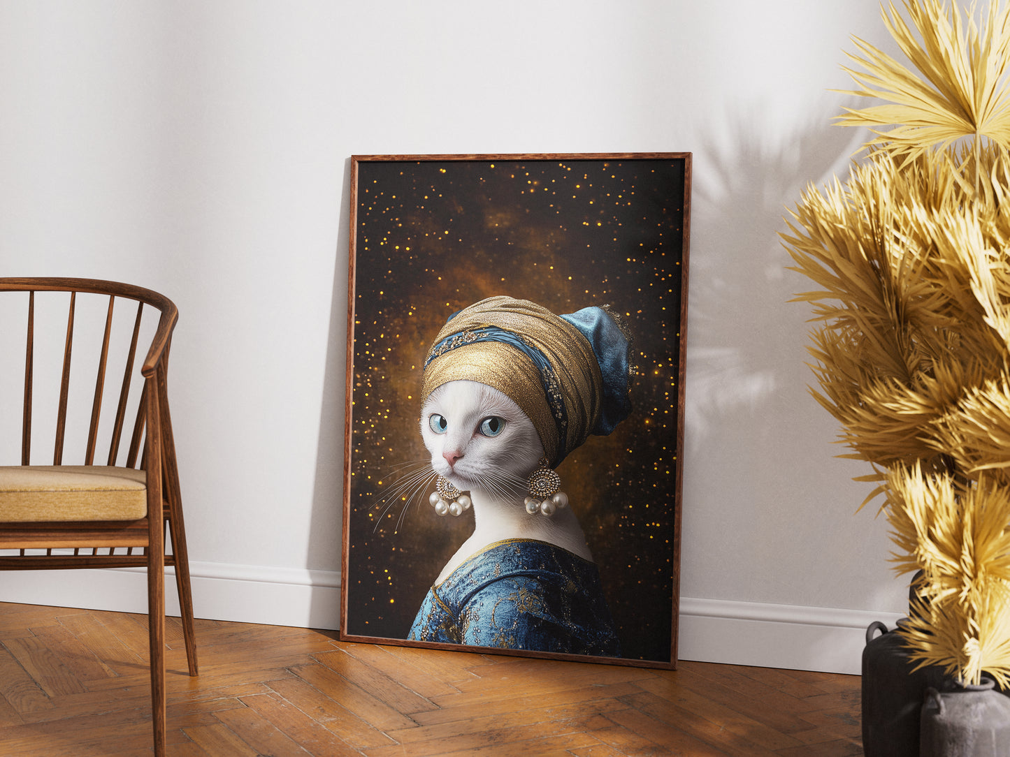 Premium Camp-Art Wall Decor: Mysterious White Cat as Girl with a Pearl Earring