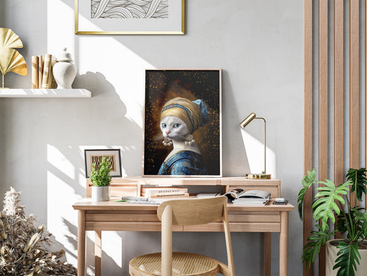 Premium Camp-Art Wall Decor: Mysterious White Cat as Girl with a Pearl Earring