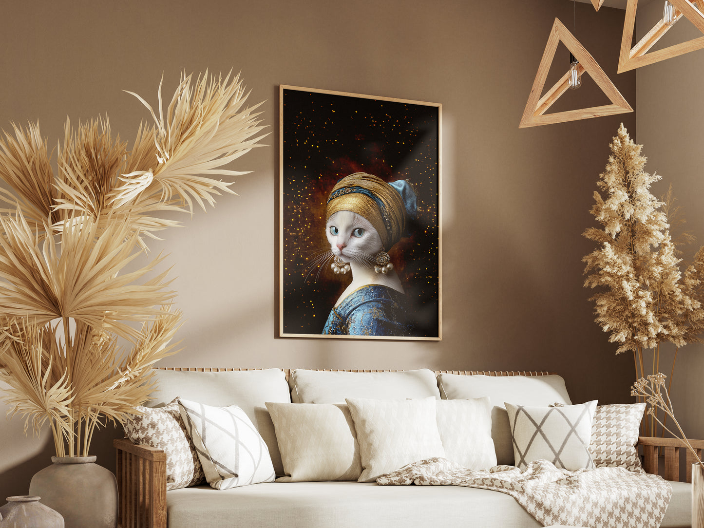 Premium Camp-Art Wall Decor: Mysterious White Cat as Girl with a Pearl Earring