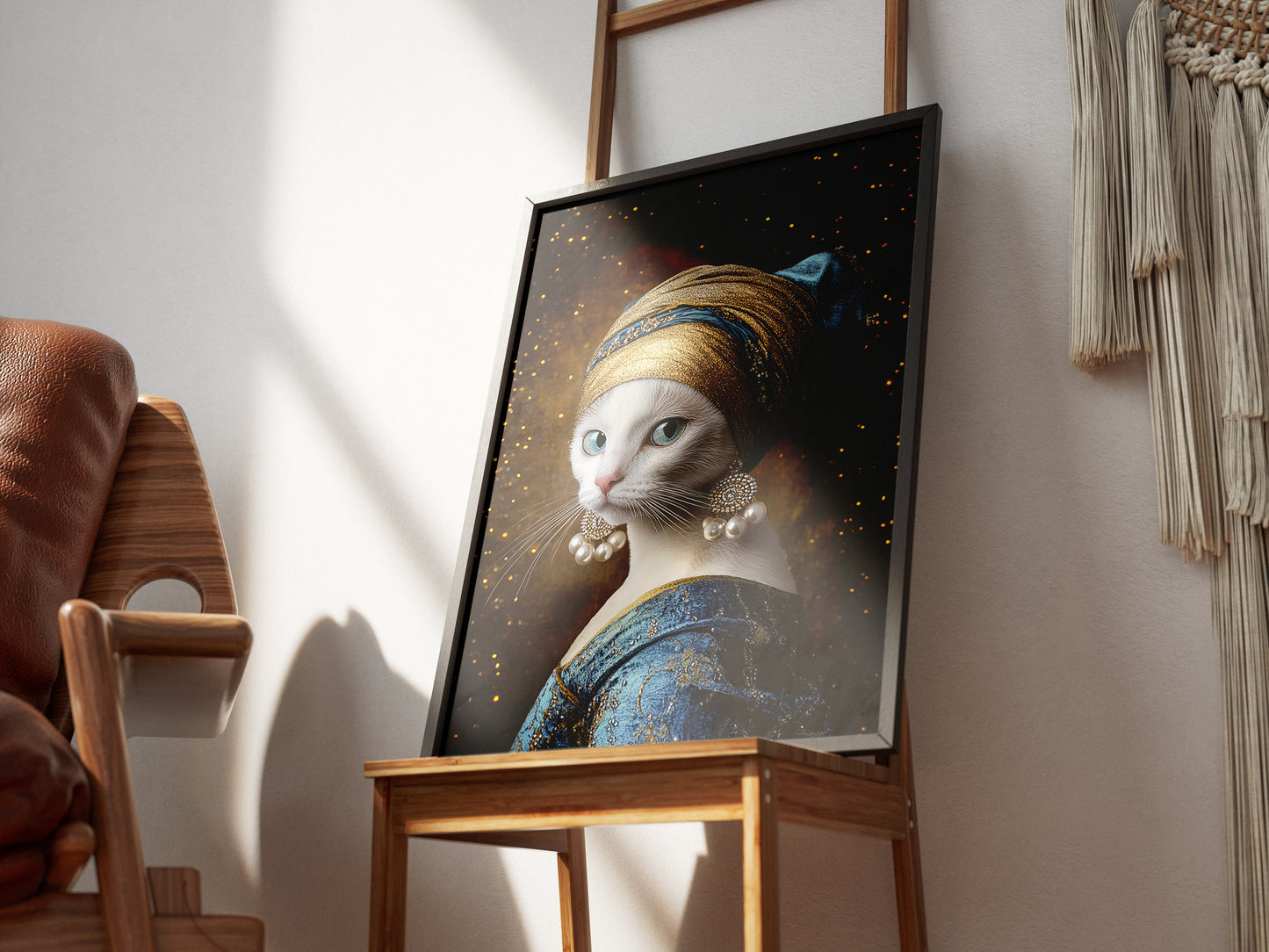 Premium Camp-Art Wall Decor: Mysterious White Cat as Girl with a Pearl Earring