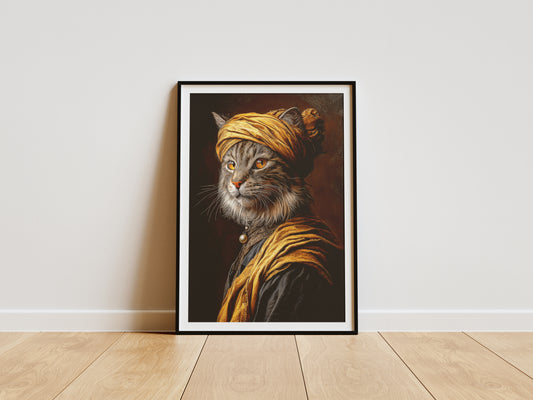 Renaissance Feline Art, Noble Cat Wall Decor, Vintage Aristocratic Pet Painting, Baroque Animal Artwork