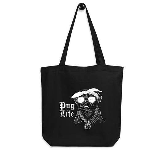 Black reusable tote bag featuring a cute pug shopping bag design with pug wearing sunglasses and chain