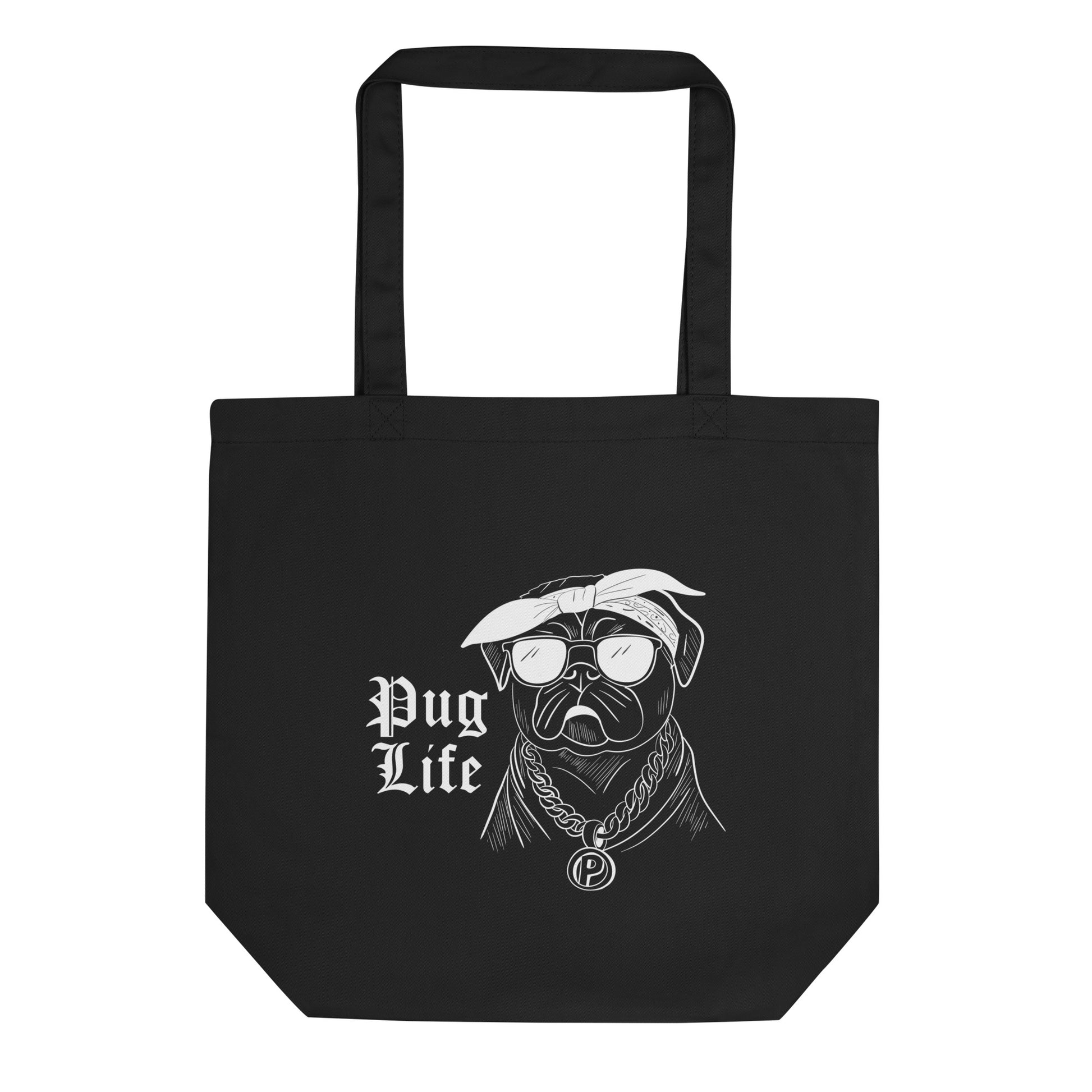 Black reusable saco with cute pug shopping bag design featuring a pug wearing a bandana and glasses