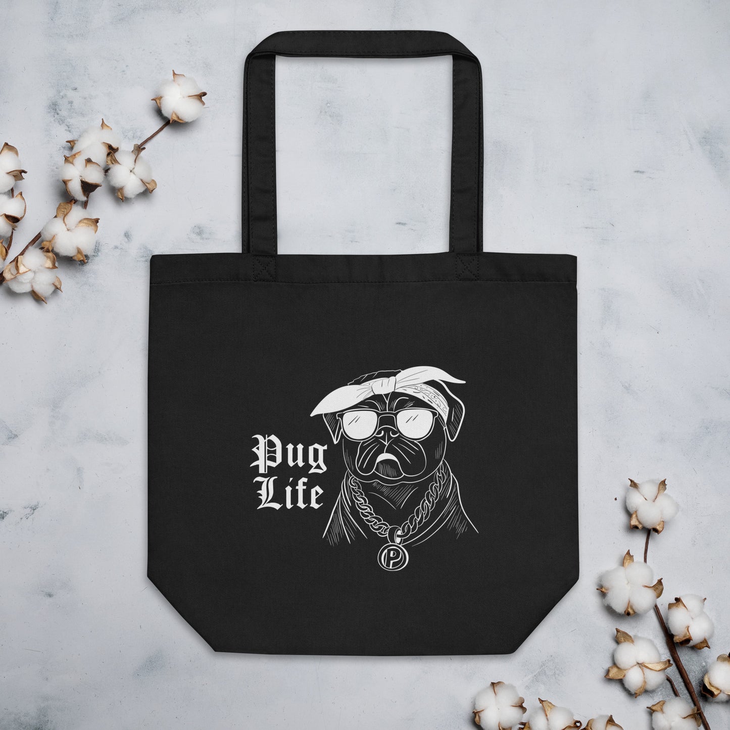 Black reusable tote bag from Pet Treasures Studio featuring a cute pug shopping bag design with pug wearing glasses and chain