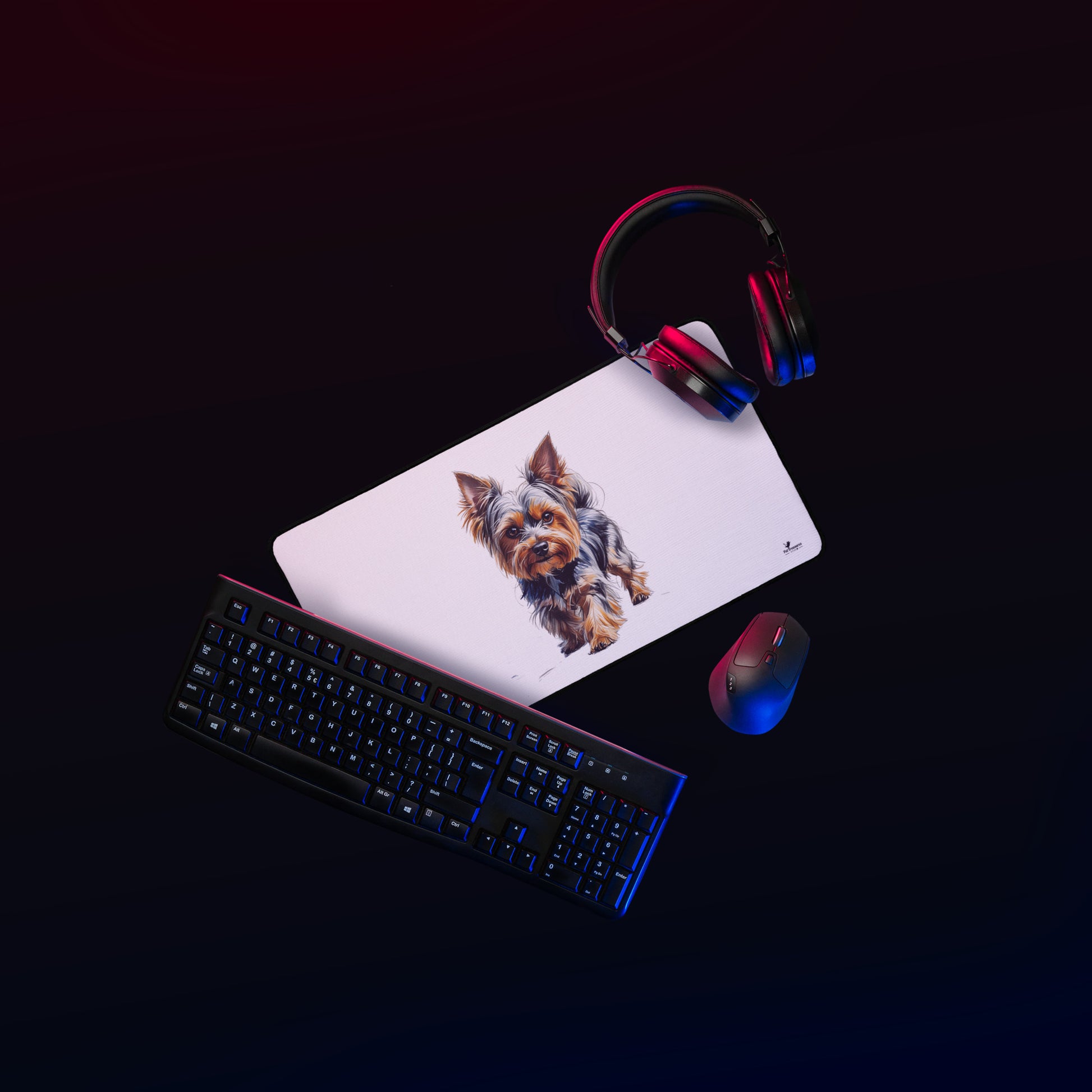 Yorkie desk pad with realistic Yorkshire Terrier design placed on desk with keyboard mouse and headphones
