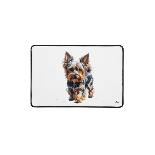 Yorkie desk pad with detailed Yorkie dog illustration by Pet Treasures Studio on white background