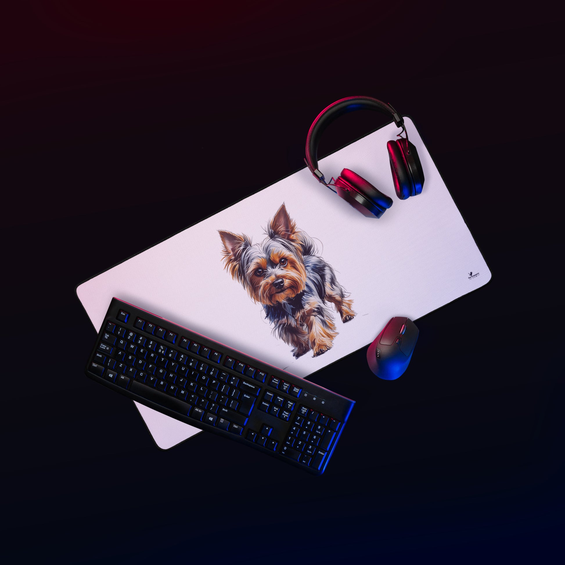 White Yorkie desk pad with a realistic Yorkshire Terrier illustration, shown with keyboard mouse and headphones